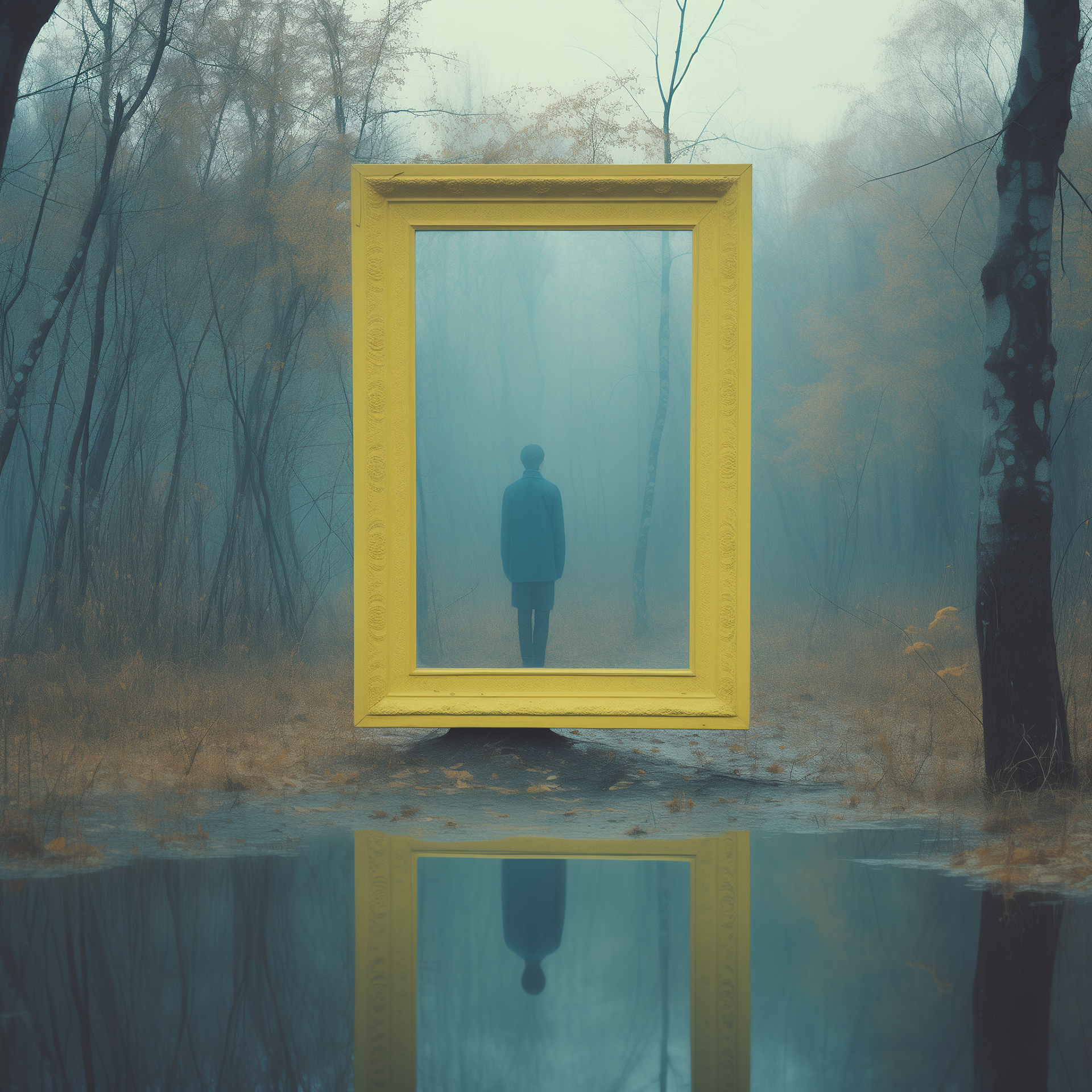 surreal photography from the dreamscape series, a man stepping into a picture from standing in the forest