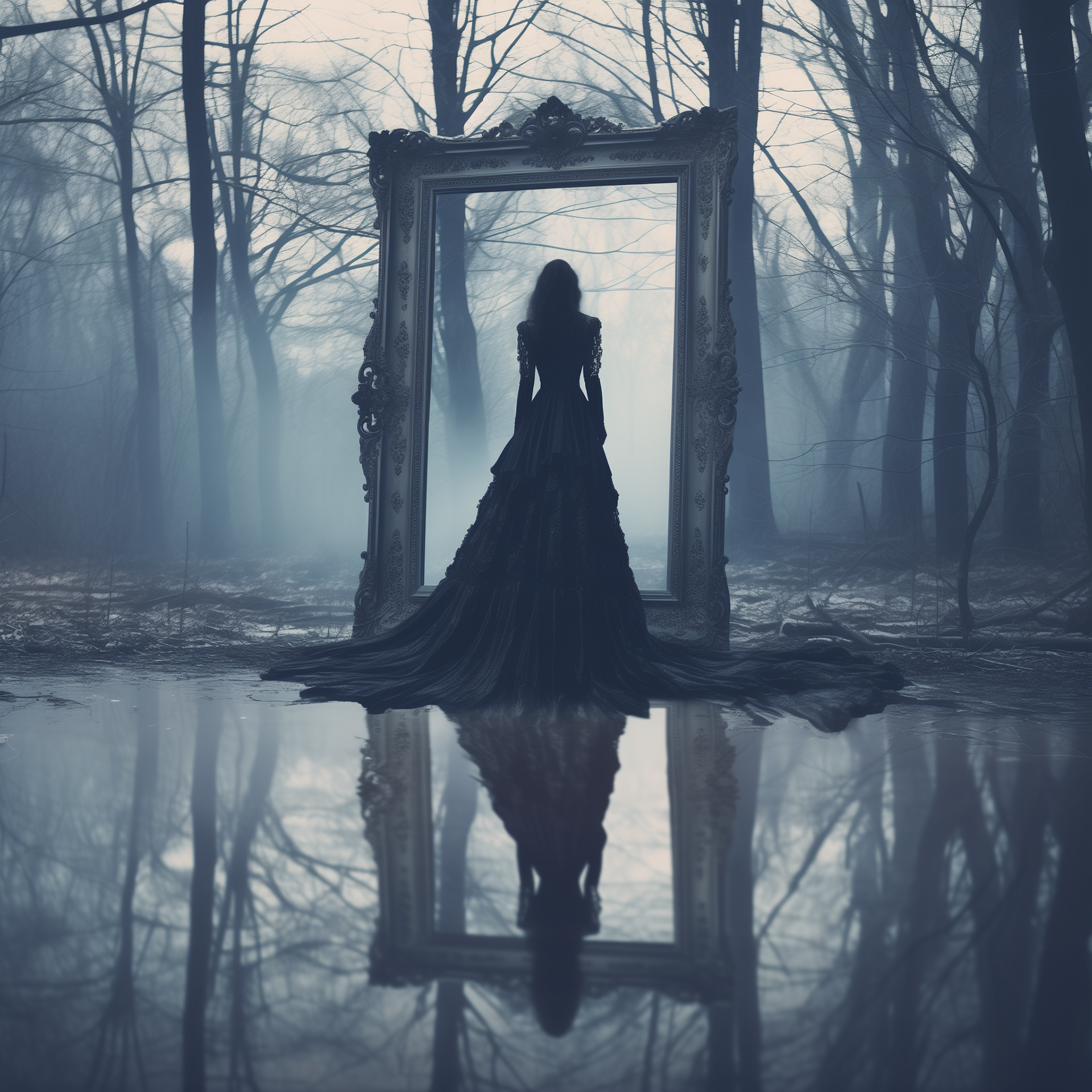 surreal photography from the dreamscape series, a gothic dressed princess stepping into a picture from standing in the forest