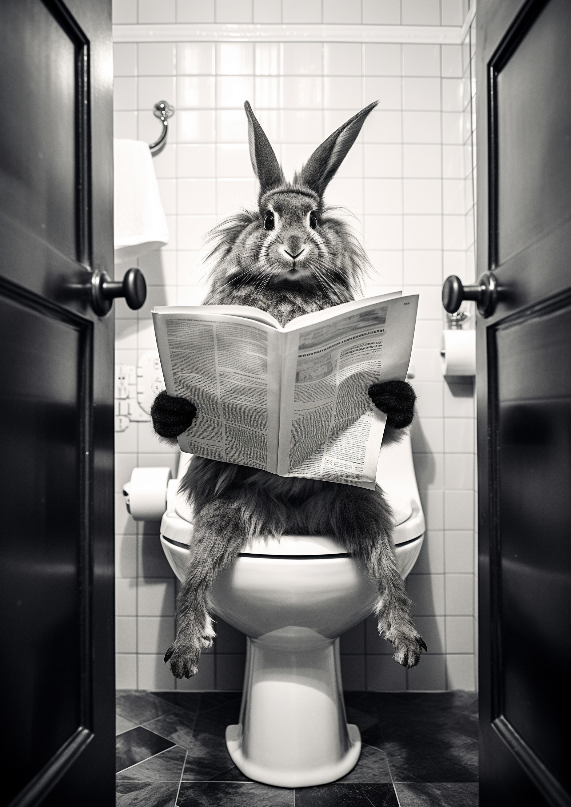 Funny Black and white animal photography with a rabbit reading newspaper on toilet