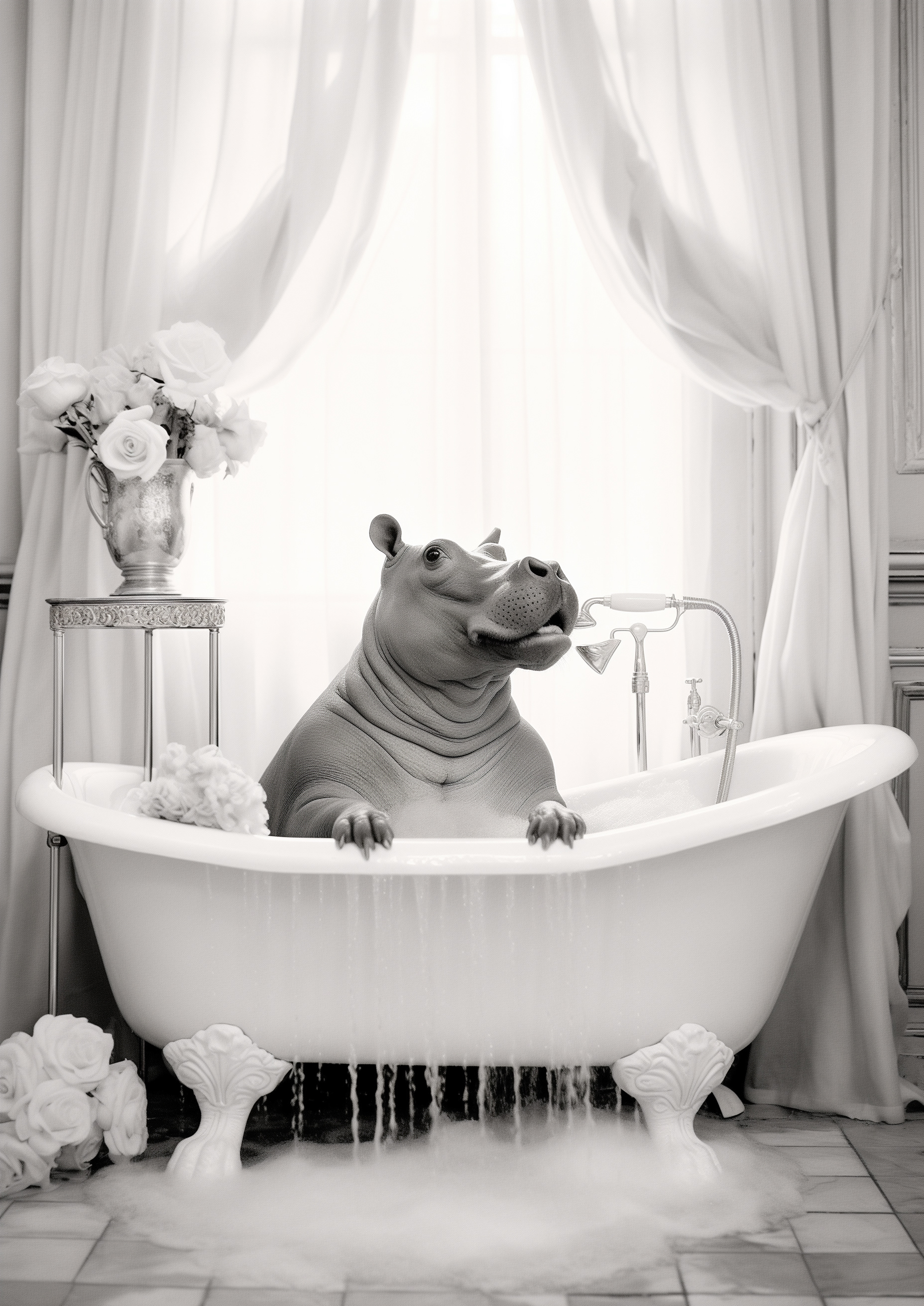 Funny Black and white animal photography with a hippo taking a bath
