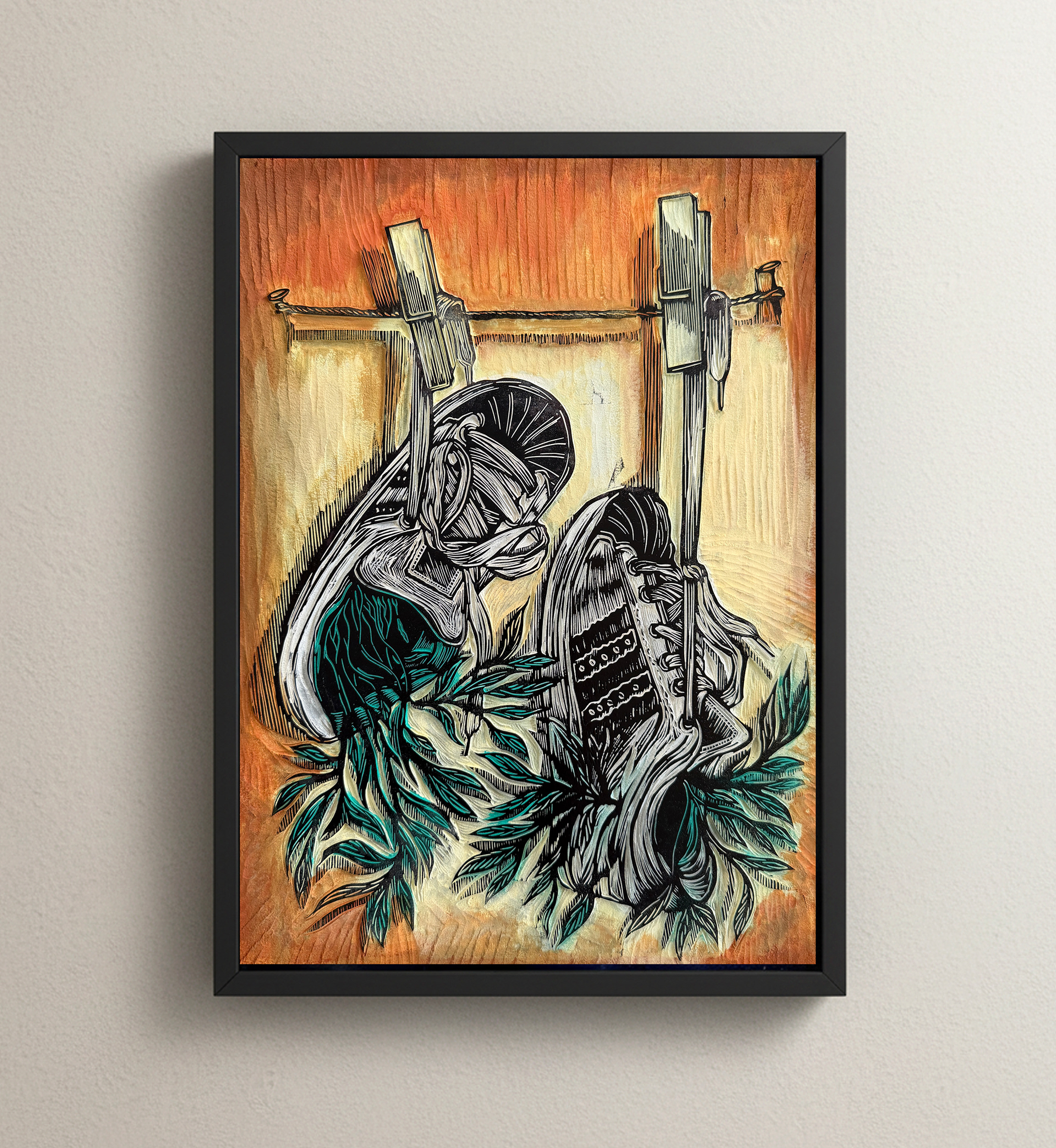 Dans mes pas, linoléum gravé et peint, 35cm x 45cm.
