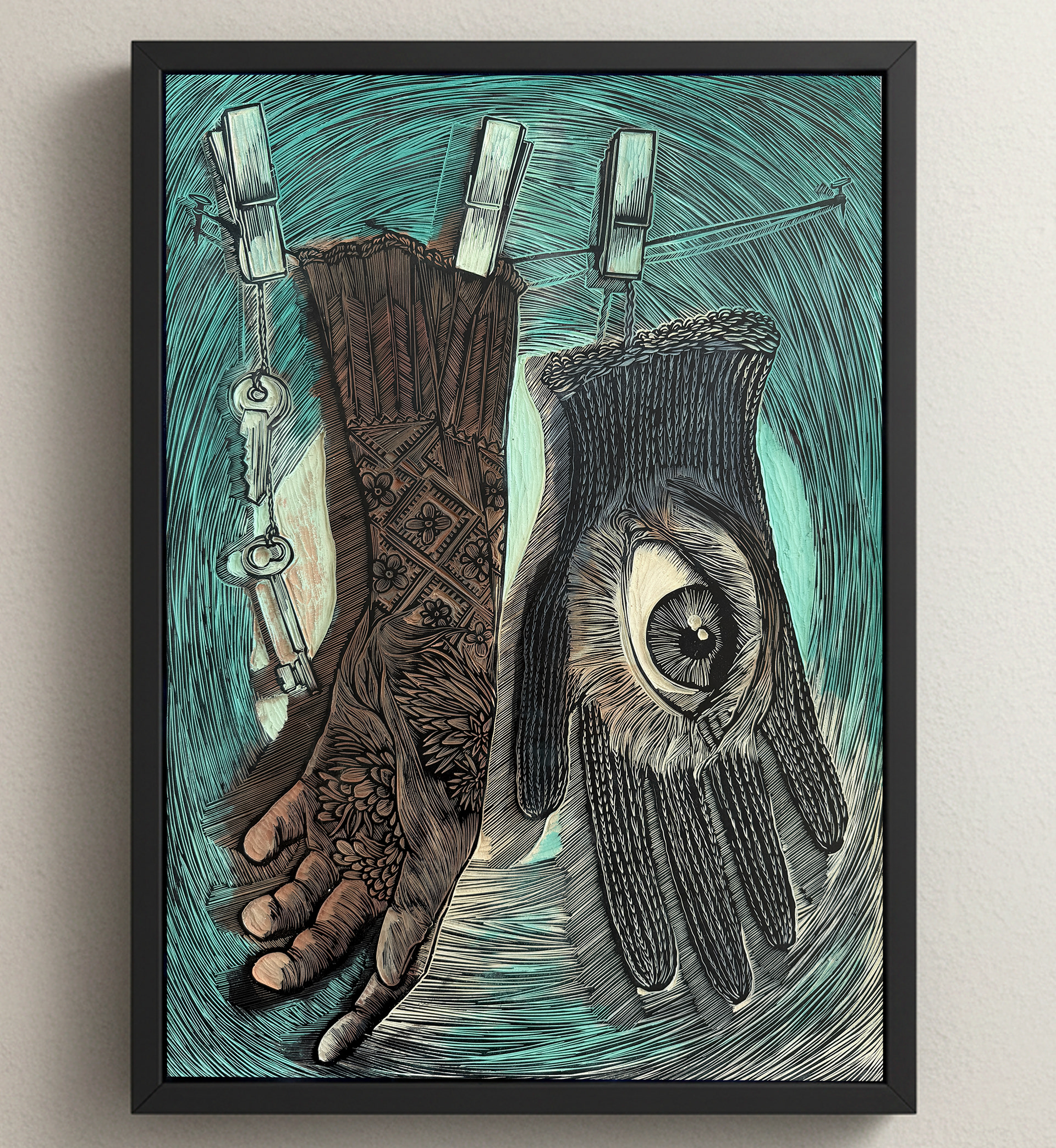 L'épaisseur du présent, linoléum gravé et peint, 45cm x 62cm.