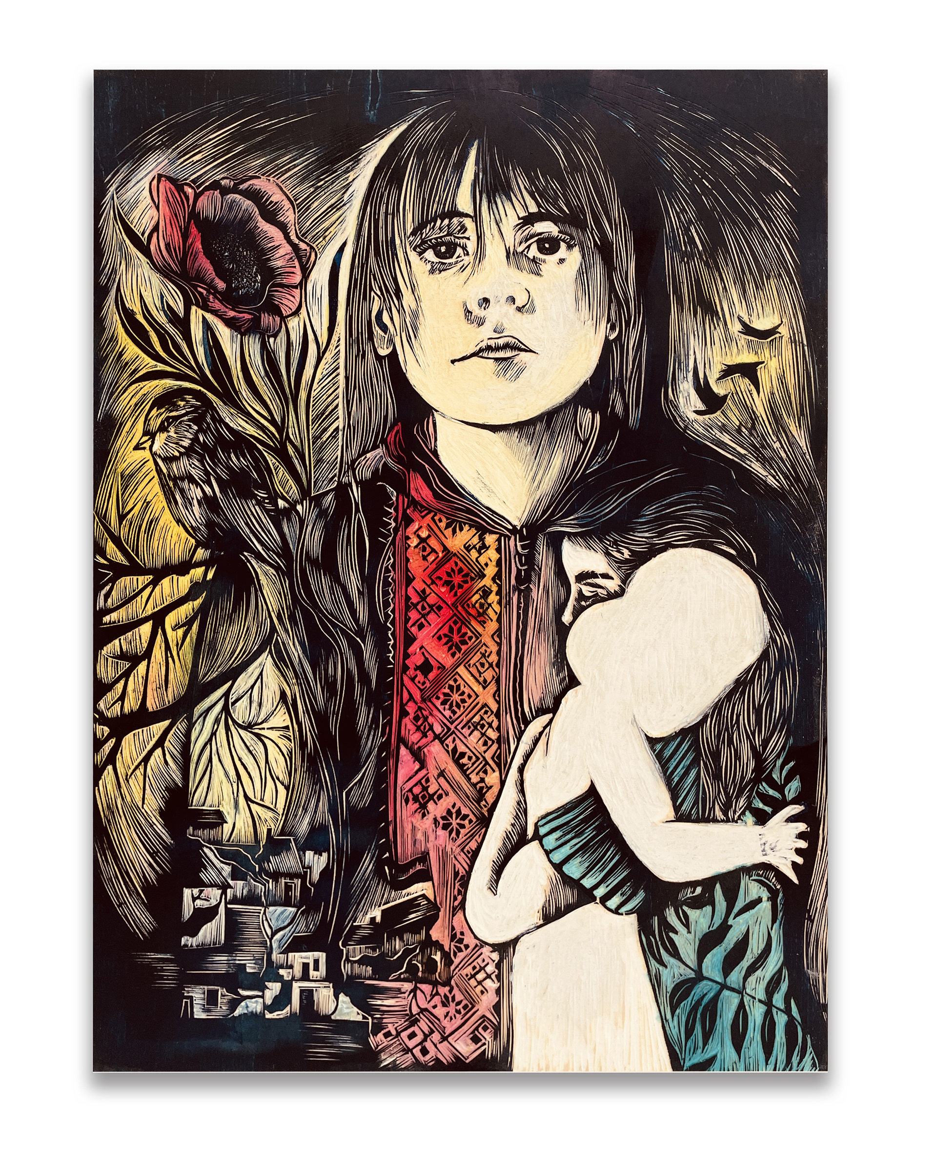 Maman, bois gravé et peint, 40cm x 60cm.