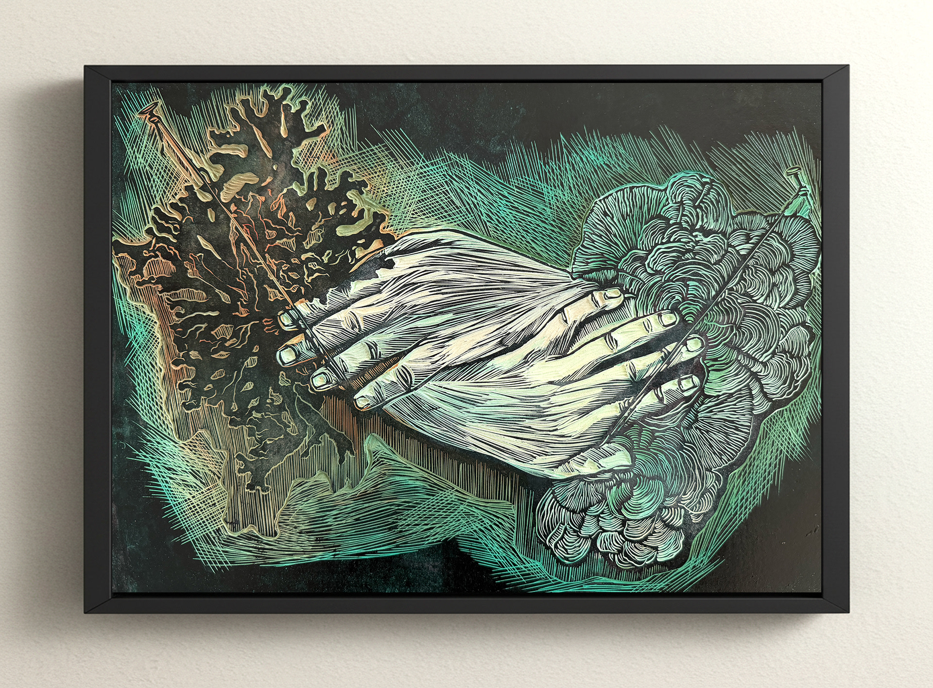 Tendre Lien, linoléum gravé et peint, 35cm x 45cm.