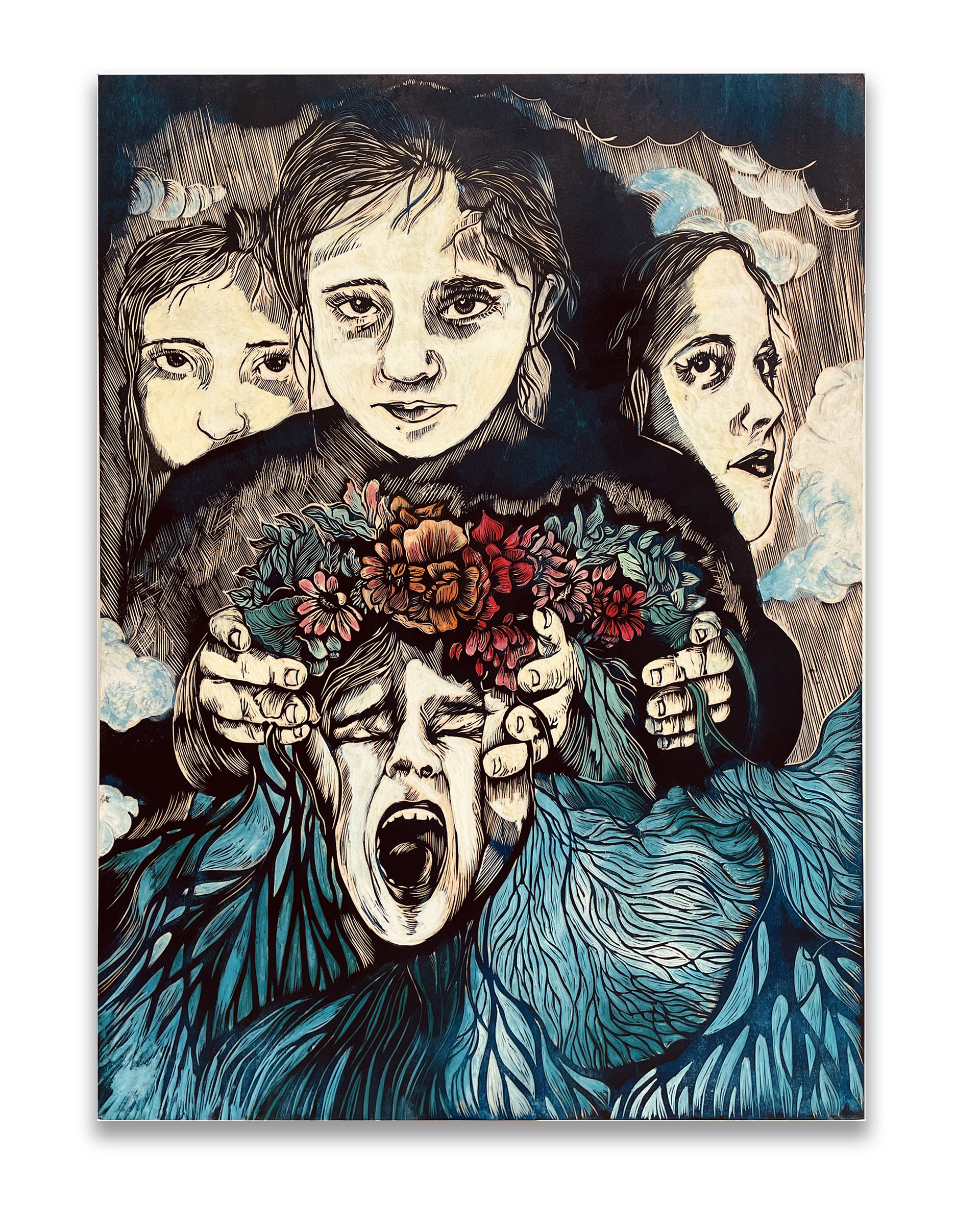 Vika, bois gravé et peint, 40cm x 60cm.