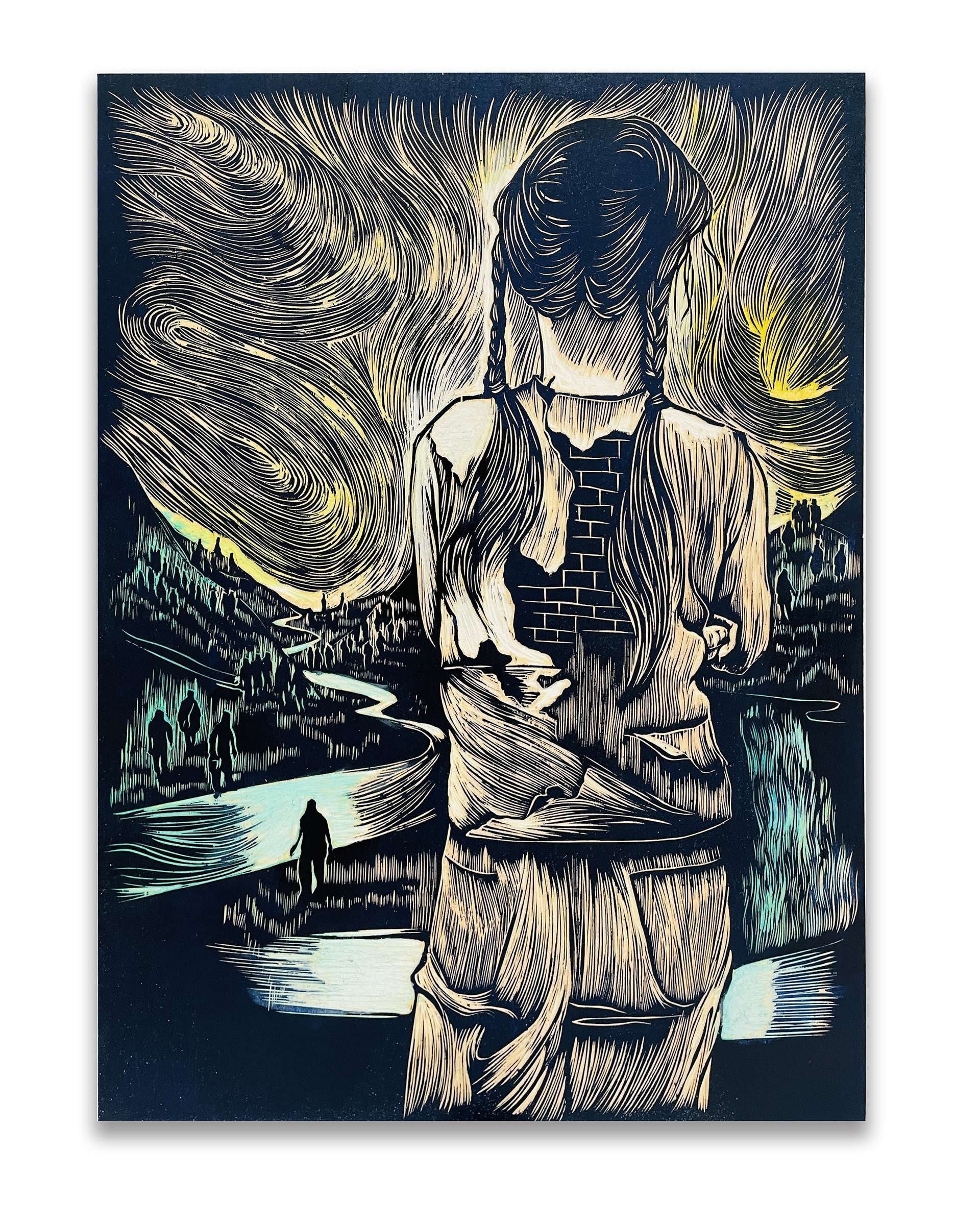 Ceux qui restent ,bois gravé et peint, 40cm x 60cm.