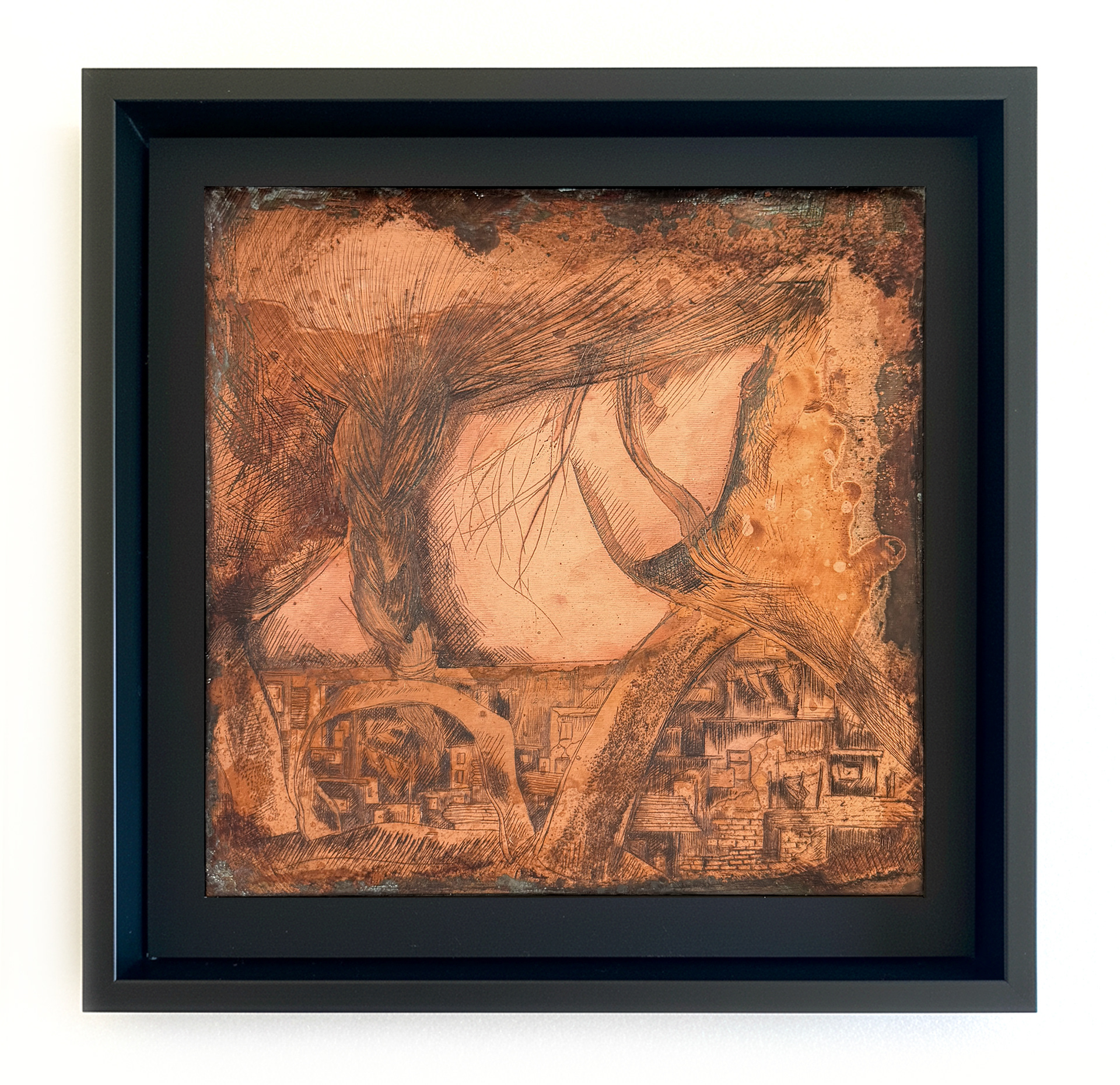 Hier, cuivre gravé et oxydé, 20cm x 20cm.