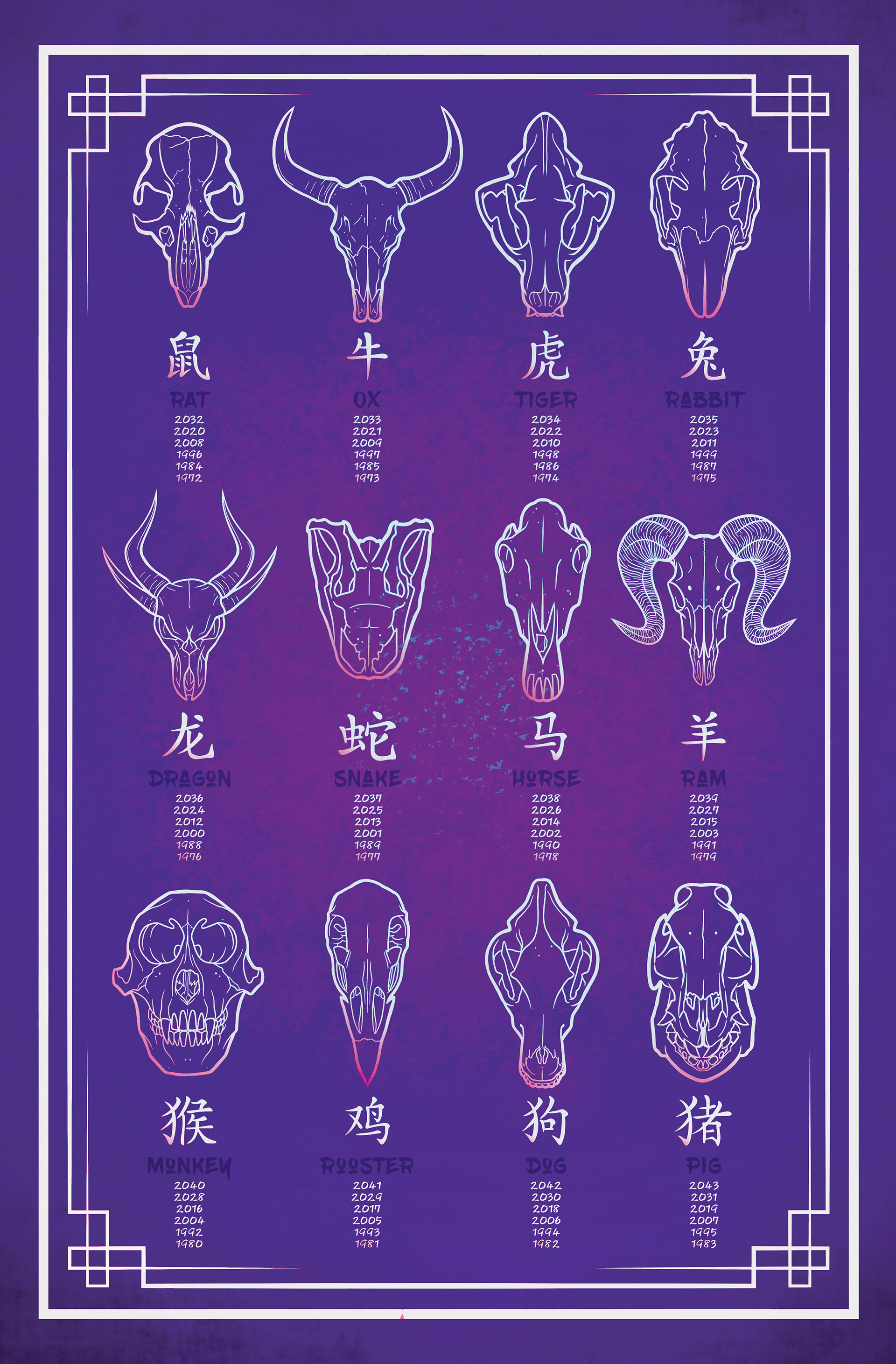 Chinese Zodiac original art print- Gothic Purple