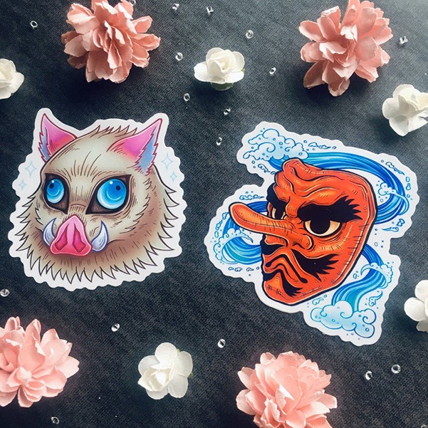 Demon Slayer- Inosuke and Urokodaki vinyl stickers