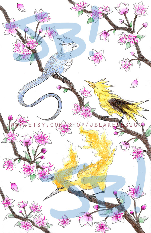 Pokemon Sakura Spring Legendary Birds print- Made with traditional watercolor