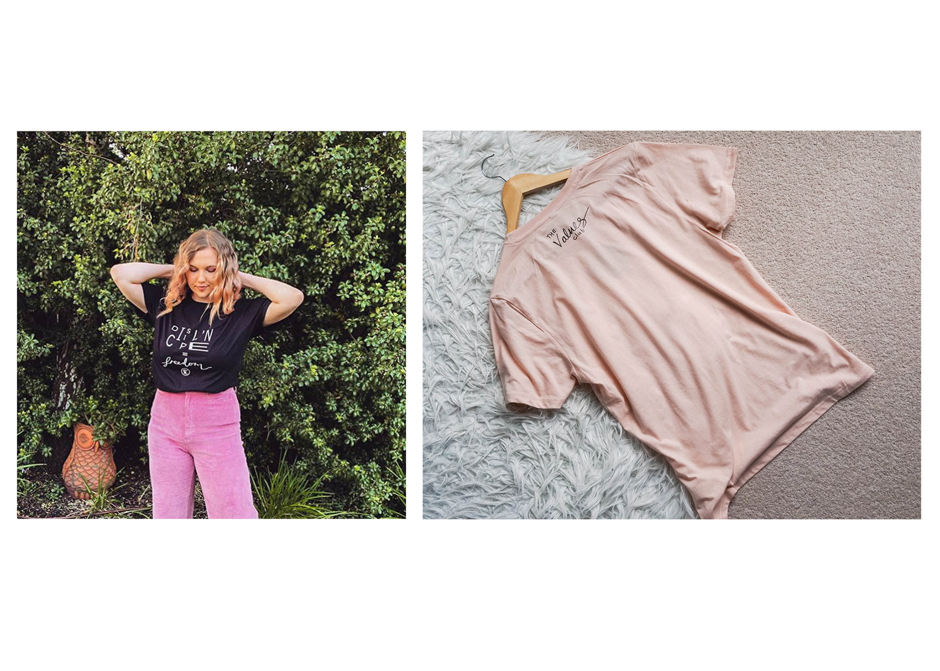 Custom t-shirts for a mentorship community, to remind them of the values of discipline and freedom. Materials: 50% recycled organic cotton & 50% recycled PET. Ethically manufactured and hand printed.