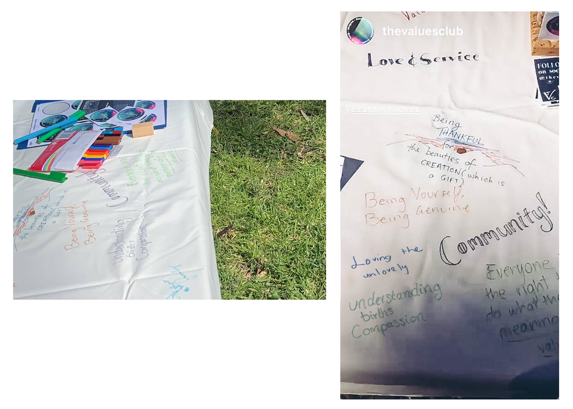 Interactive artwork for market visitors to engage with, by writing down their values on a table cloth, to be used at upcycling workshops.