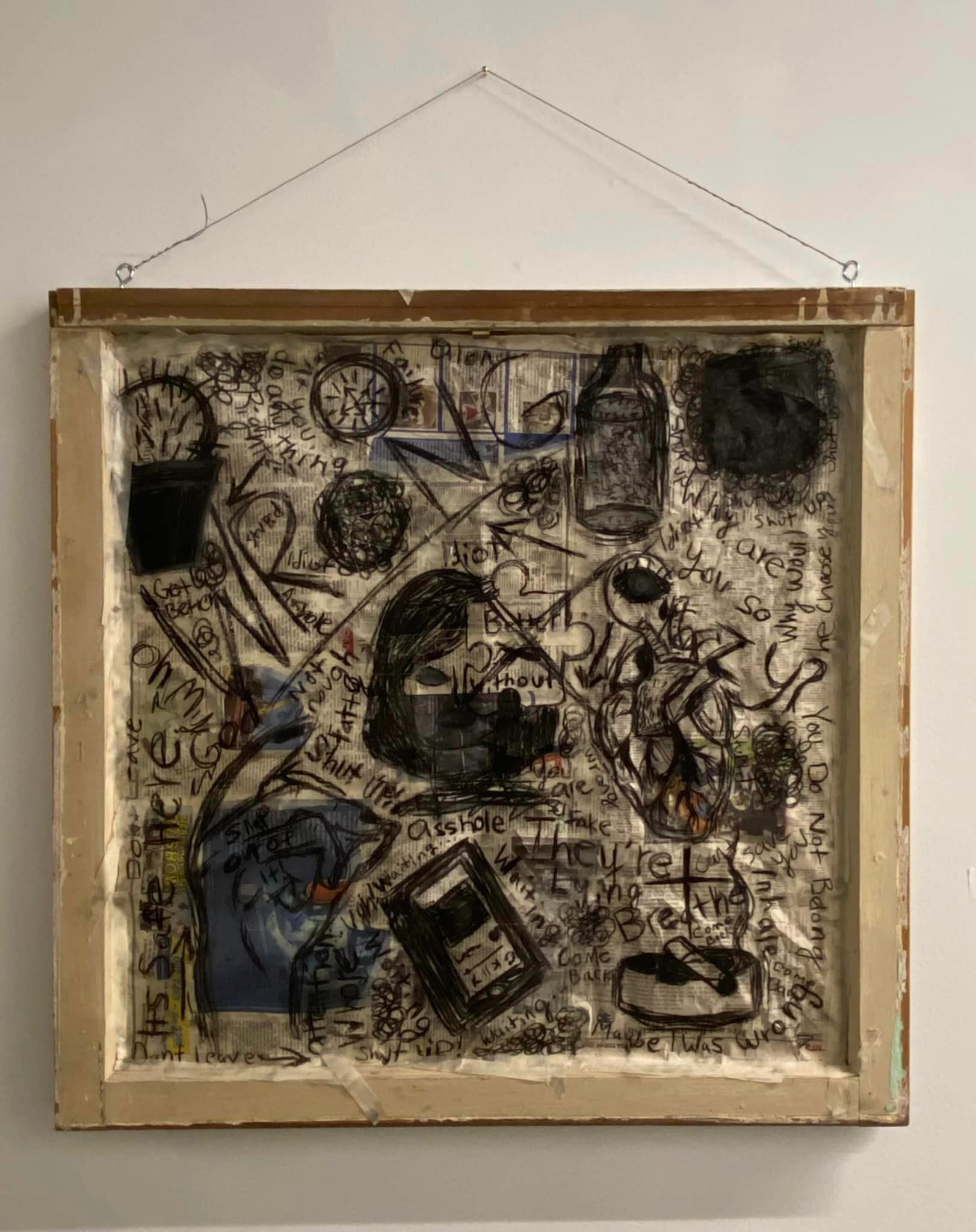 Boundaries displayed at Momentum: Works of Health and Growth (2022)• Recycled window frame, charcoal, and newspaper • 24"x24"