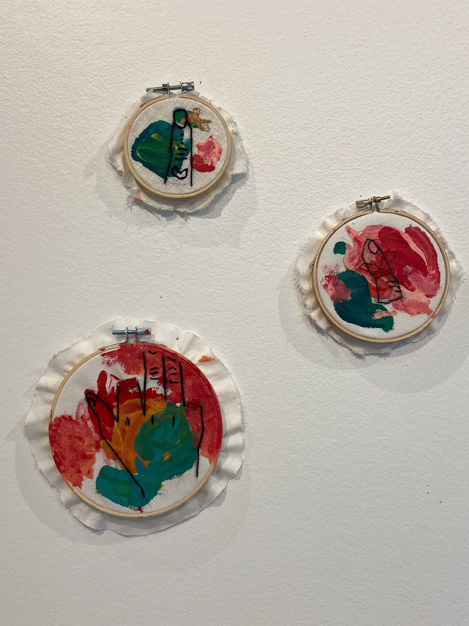 Divided - Displayed at Grand View University Prairie Meadows Gallery (2022) • Fabric, acrylic paint, and thread • 6x6", 4x4", 3x3"