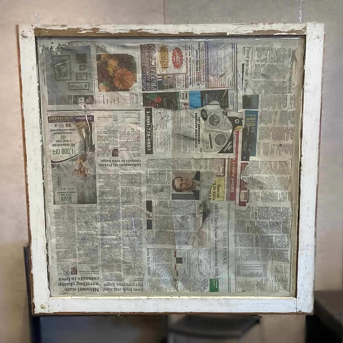 Boundaries - Front (2019) • Recycled window frame, charcoal, and newspaper • 24"x24"