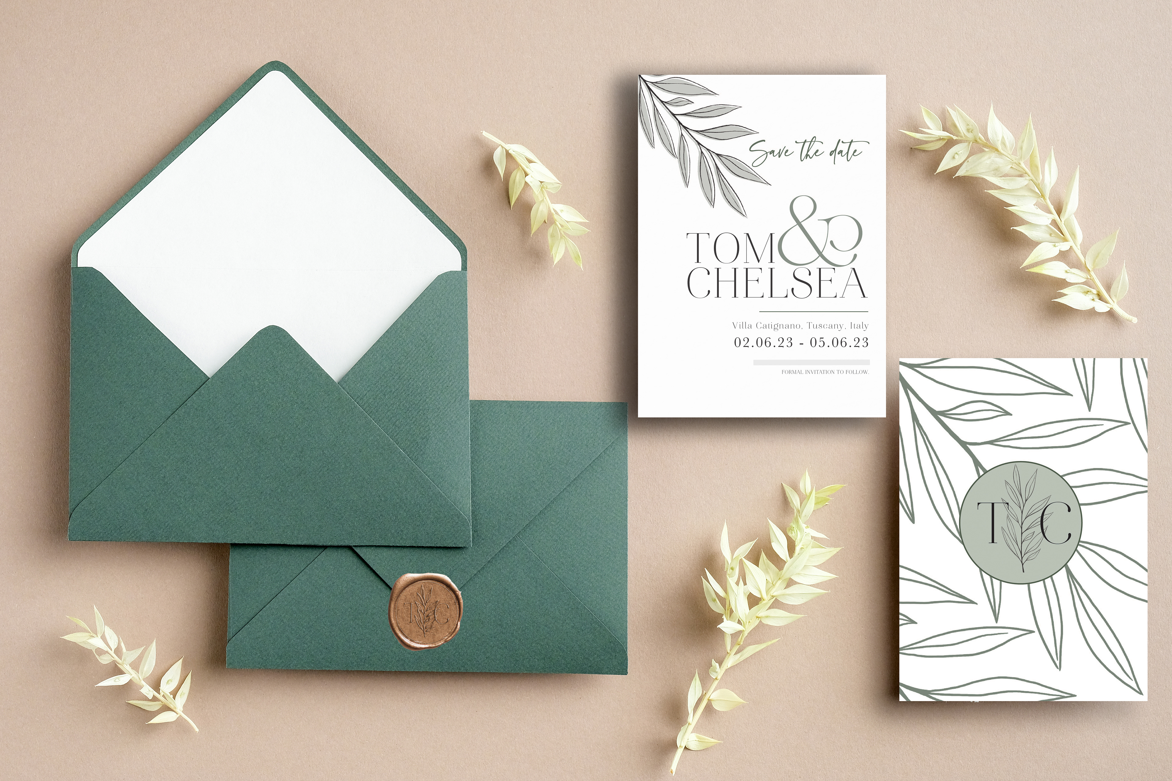 SAVE THE DATE WITH GREEN ENVELOPES AND GOLD WAX SEAL STAMP