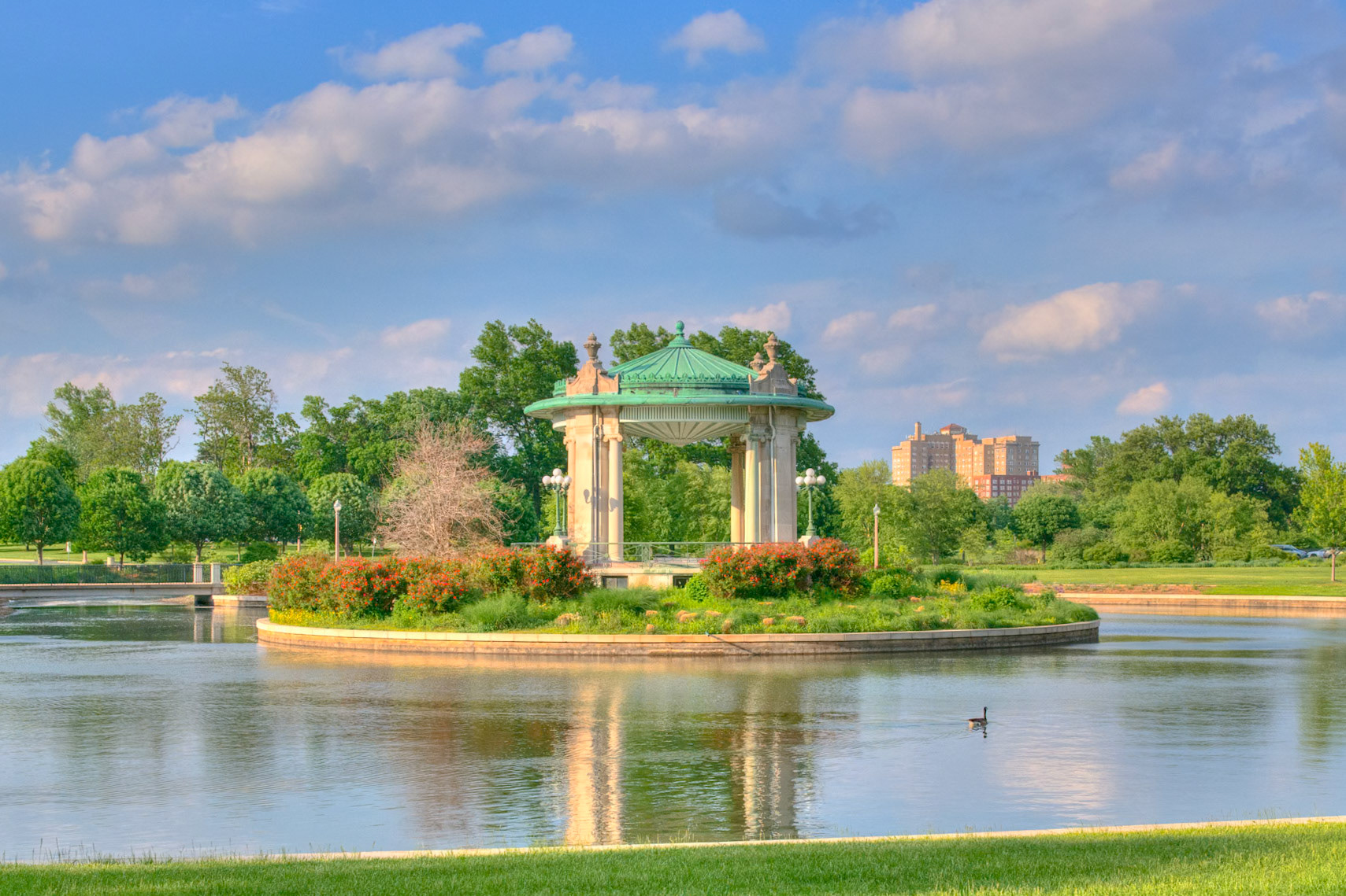 The Nathan Frank Bandstand (or music pagoda) sits outside The Muny Theater in Forest Park. The bandstand was closed in 1911 due to disrepair.. Then, in 1912, a storm damaged the pagoda beyond repair. It was torn down later that year. In 1925, Nathan Frank donated a new bandstand to Forest Park, restoring Pagoda Circle according to Forest Park's master plan. It stands today and has become an iconic attraction in front of The Muny.