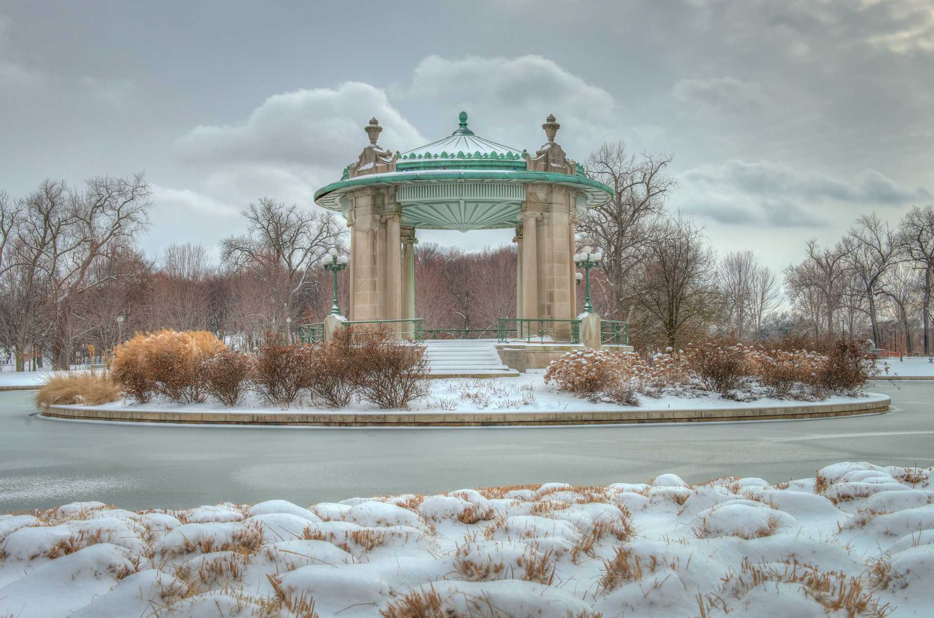 The Nathan Frank Bandstand (or music pagoda) sits outside The Muny Theater in Forest Park. The bandstand was closed in 1911 due to disrepair.. Then, in 1912, a storm damaged the pagoda beyond repair. It was torn down later that year. In 1925, Nathan Frank donated a new bandstand to Forest Park, restoring Pagoda Circle according to Forest Park's master plan. It stands today and has become an iconic attraction in front of The Muny.