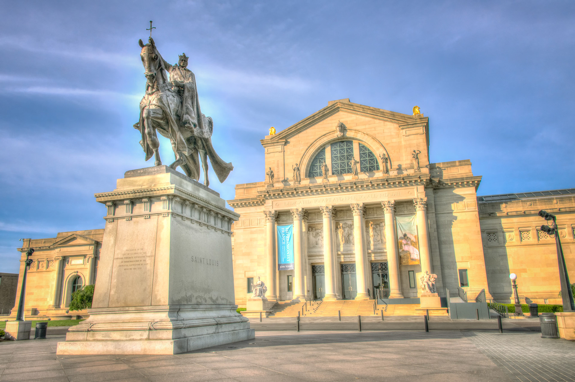 Apotheosis of St. Louis sits in front of the St Louis Art Museum in Forest Park. The statue memorializes King Louis IX of France, the namesake of St. Louis, Missouri. Prior to the completion of the Gateway Arch, the statue was the principal symbol of the city. It has served in the iconography of St. Louis for more than a century.