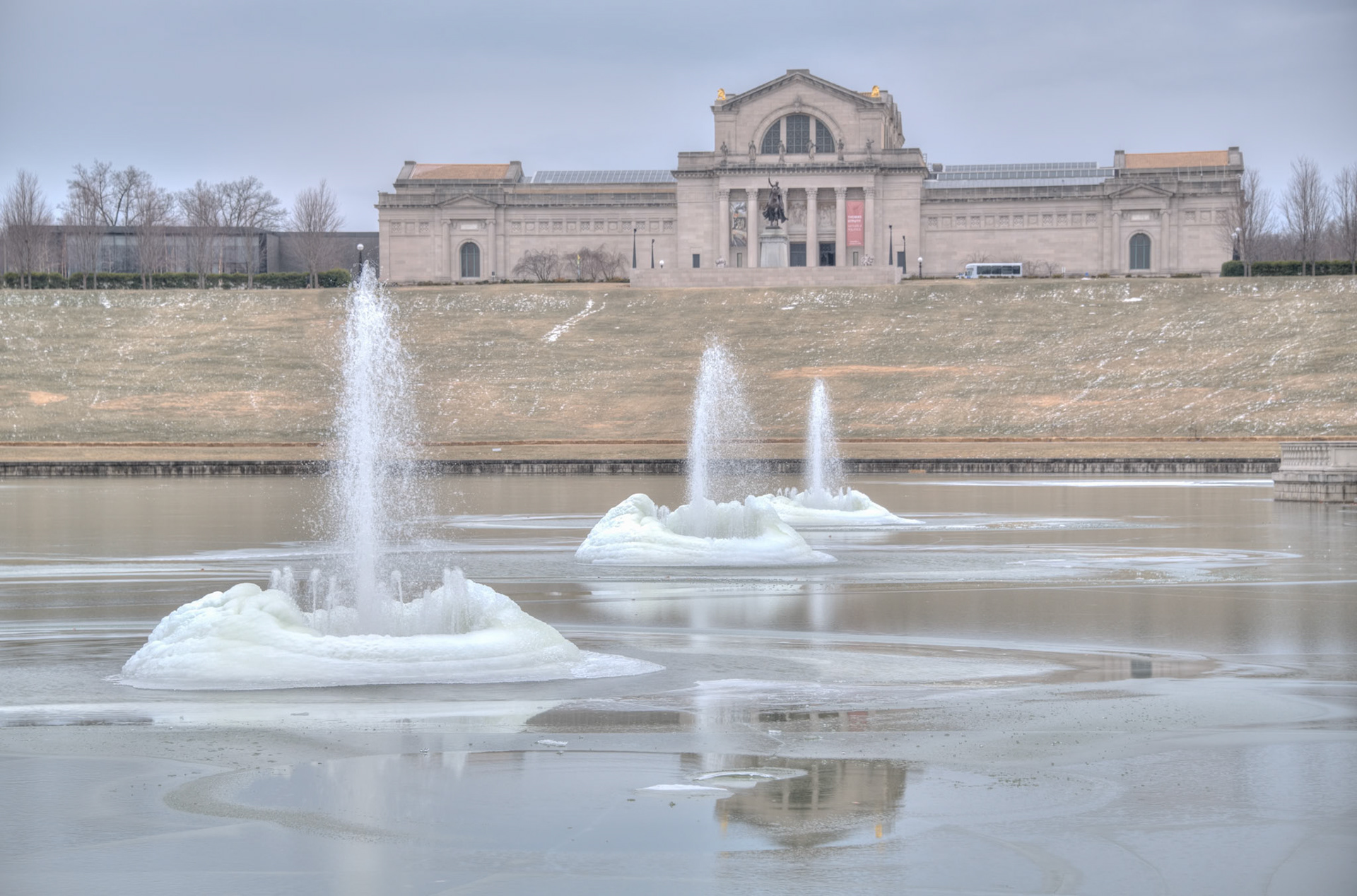Winter at the Grand BasinThe St Louis Art Museum and Art Hill are viewed from the Grand Basin in Forest Park. Centrally located and popular for wedding pictures, picnics, city fairs, events, and more, the area is often thought of as the heart and soul of Forest Park.