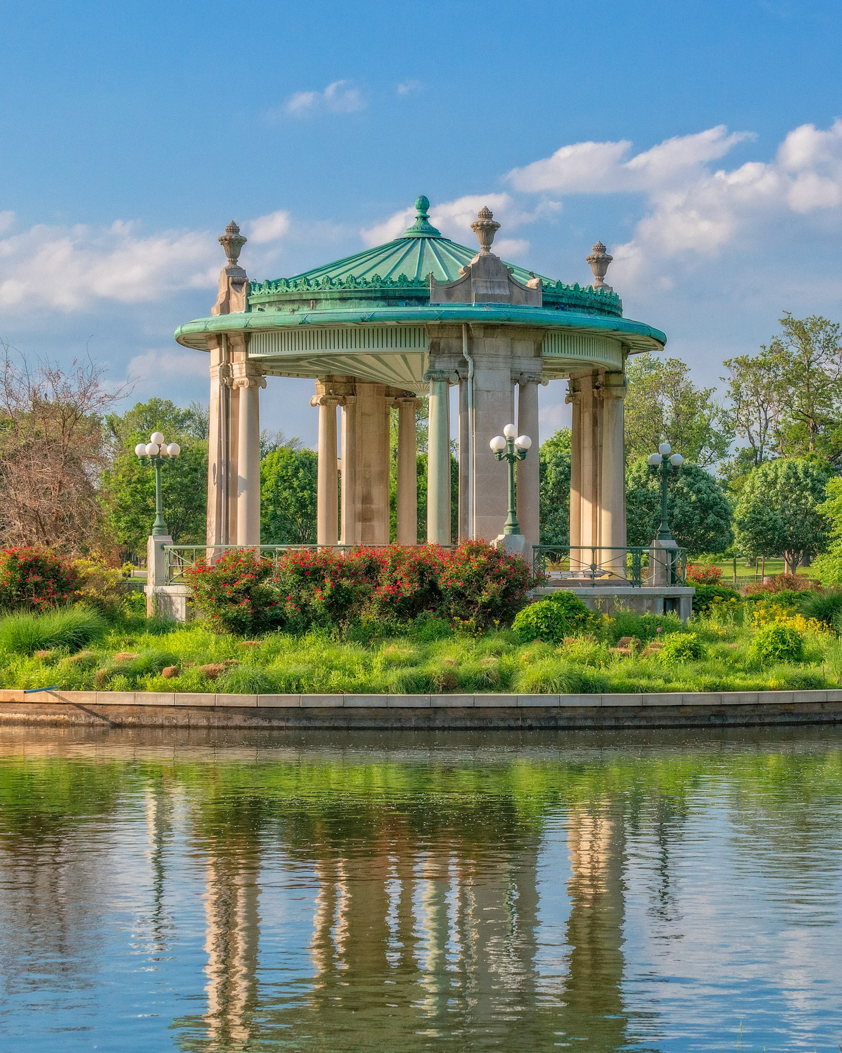 The Nathan Frank Bandstand (or music pagoda) sits outside The Muny Theater in Forest Park. The bandstand was closed in 1911 due to disrepair.. Then, in 1912, a storm damaged the pagoda beyond repair. It was torn down later that year. In 1925, Nathan Frank donated a new bandstand to Forest Park, restoring Pagoda Circle according to Forest Park's master plan. It stands today and has become an iconic attraction in front of The Muny.