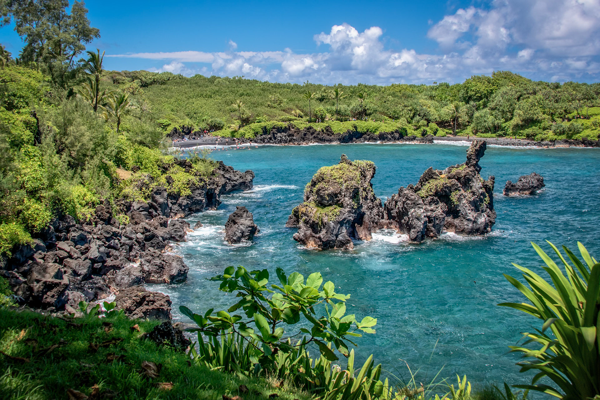 Along the Road to HanaTravelers on the road to Hana face over 600 narrow, hairpin turns and 54 one-lane bridges to experience lush vegetation, hiking trails, waterfalls, black sand beaches and rugged coastline views of Maui's tropical east coast. A day trip from Wailea on South Maui to Hana is 65 miles, but takes approximately 2-1/2 hours one-way. With traffic and stops, the round trip takes the average visitor between 8-12 hours. It's worth the scenery and worthy of an "I survived the trip to Hana" brag.