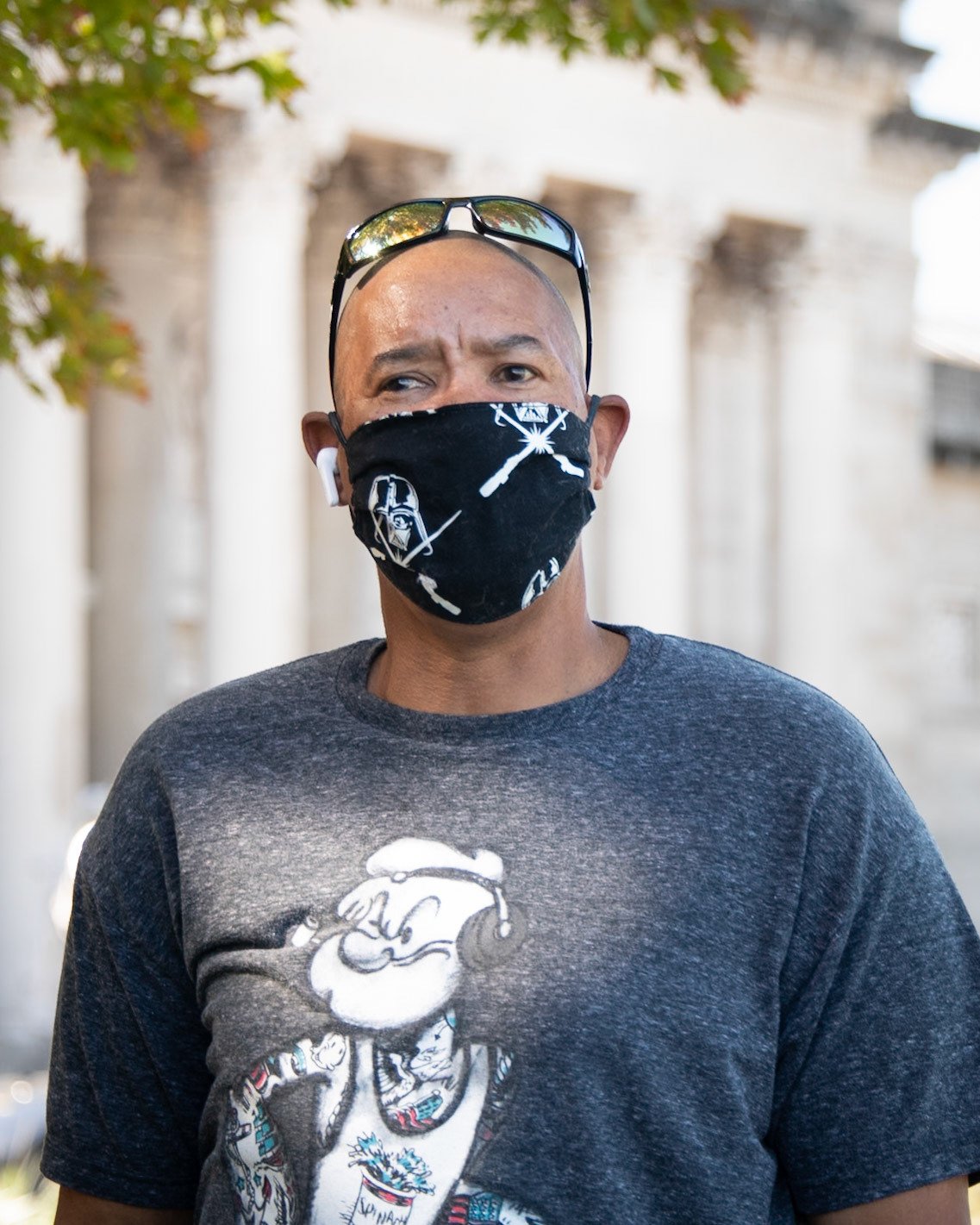 As usual, I asked how he feels about wearing face masks. He's good with it. Although he's on leave at the moment, he works at a local hospital and has seen it all. Prior to his leave, he worked in the COVID department at the hospital. He told me he felt safer there than out here walking around. People know how to protect themselves in the hospital. They know how to wear the masks appropriately (and when to wear the gloves and how to wash their hands). Out here, people are walking around without masks, or you see masks down below the nose. Too many aren't wearing the masks right. I appreciated that we were able to chat comfortably while wearing masks appropriately and keeping our distance. And, as always, the telephoto lens helps with those close-up photos! Thanks for the conversation!