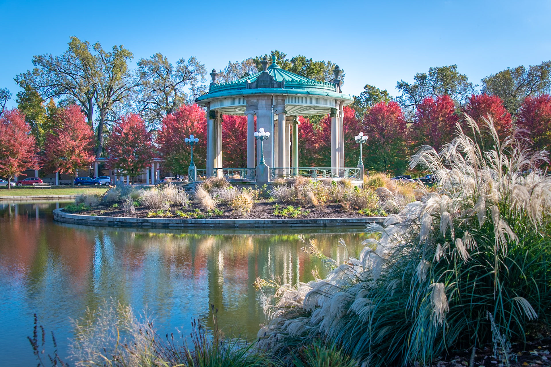The Nathan Frank Bandstand (or music pagoda) sits outside The Muny Theater in Forest Park. The bandstand was closed in 1911 due to disrepair.. Then, in 1912, a storm damaged the pagoda beyond repair. It was torn down later that year. In 1925, Nathan Frank donated a new bandstand to Forest Park, restoring Pagoda Circle according to Forest Park's master plan. It stands today and has become an iconic attraction in front of The Muny.