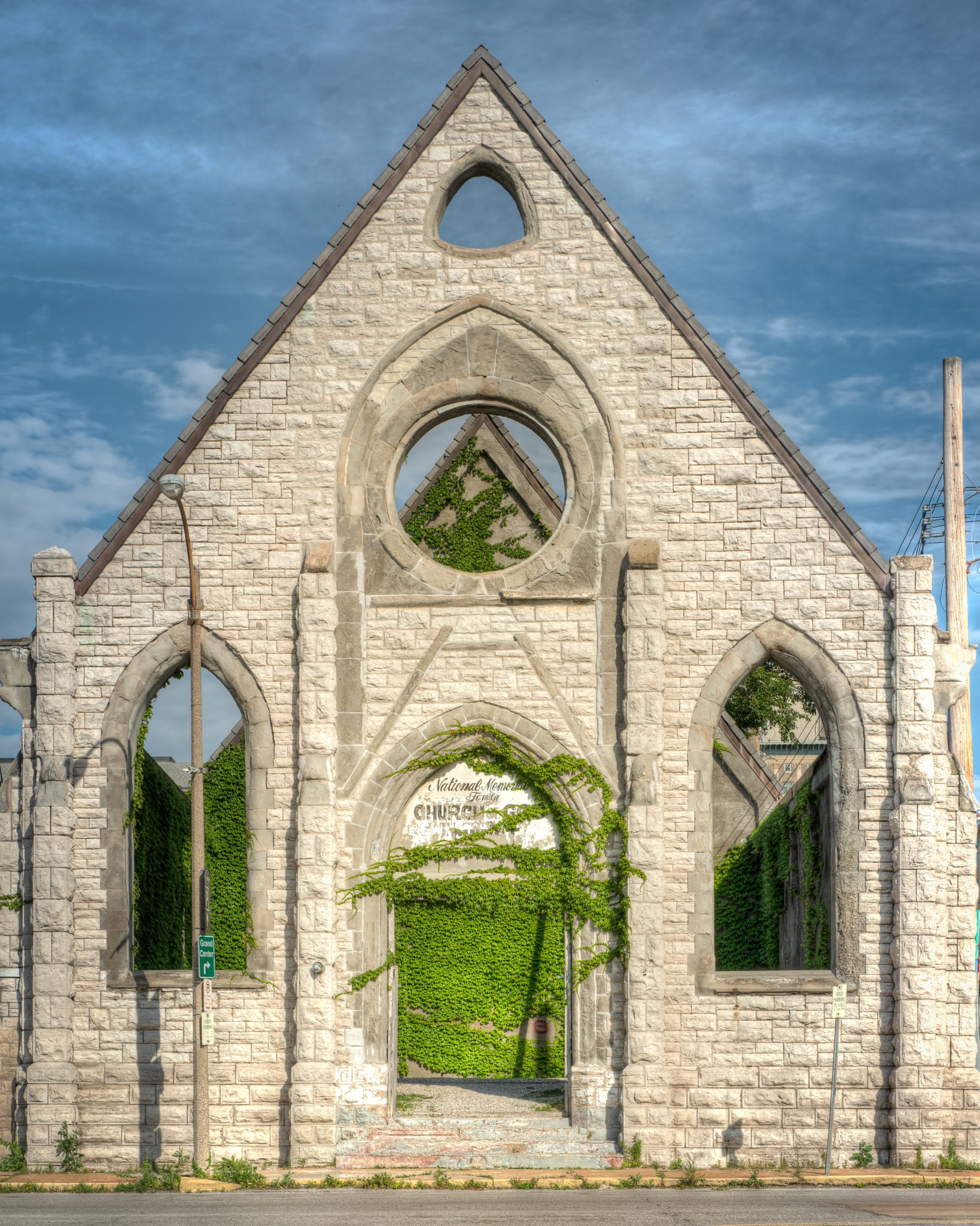 The Spring Church, photo from 2013This historic St Louis church began as a Baptist church in 1884, but changed denominations numerous times until an electrical fire burned it to ruins in 2001. The nonprofit Grand Center purchased the building in 2003 with initial plans to convert it into an urban sculpture garden. Structural concerns prevented this from happening. The Pulitzer Foundation finally stabilized the ruins after purchasing the church in May of 2020. Right around the corner from the Foundation's museum, the open-air pavilion is now used for community gatherings and public art.