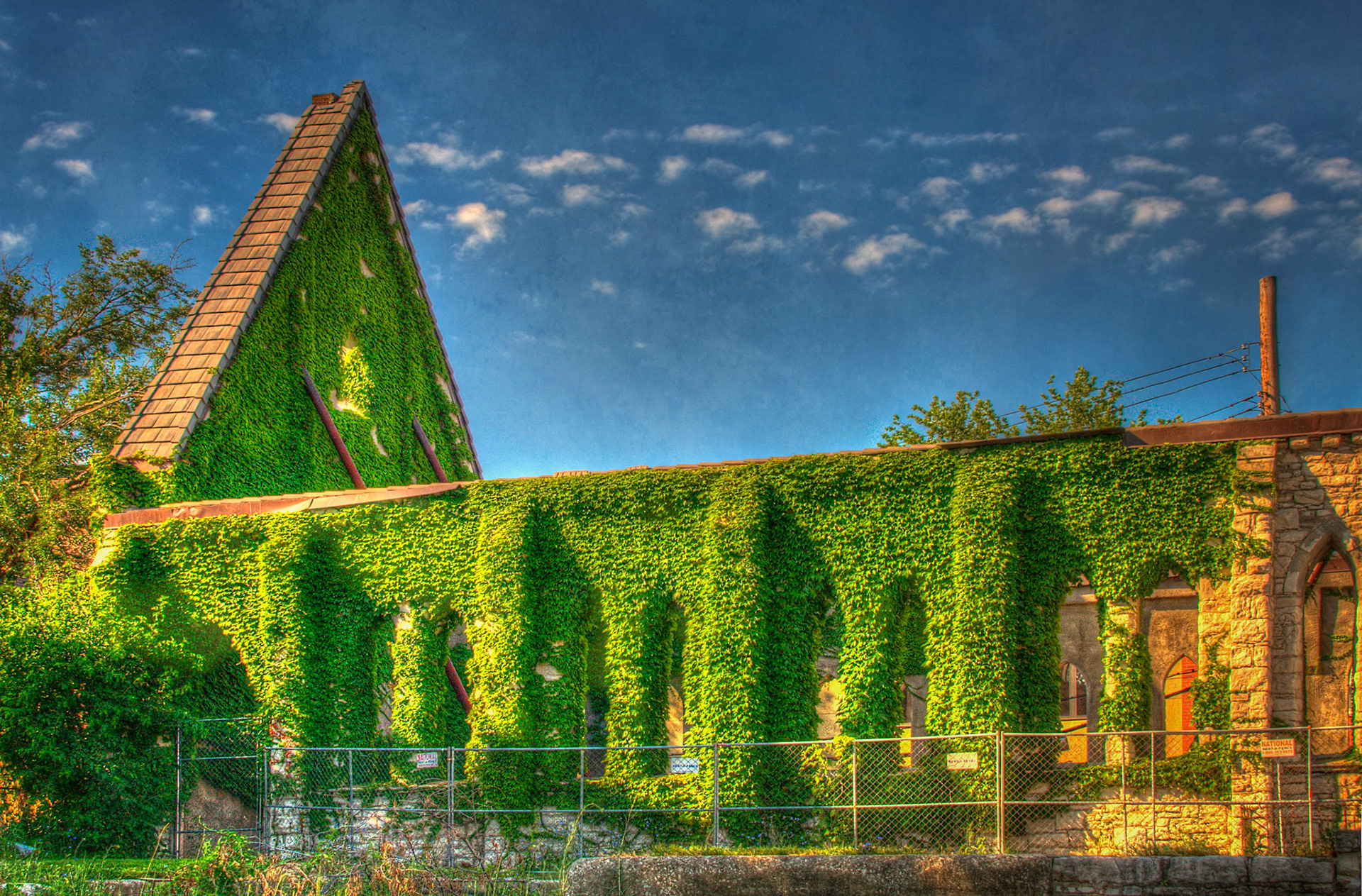 The Spring Church, photo from 2013This historic St Louis church began as a Baptist church in 1884, but changed denominations numerous times until an electrical fire burned it to ruins in 2001. The nonprofit Grand Center purchased the building in 2003 with initial plans to convert it into an urban sculpture garden. Structural concerns prevented this from happening. The Pulitzer Foundation finally stabilized the ruins after purchasing the church in May of 2020. Right around the corner from the Foundation's museum, the open-air pavilion is now used for community gatherings and public art.