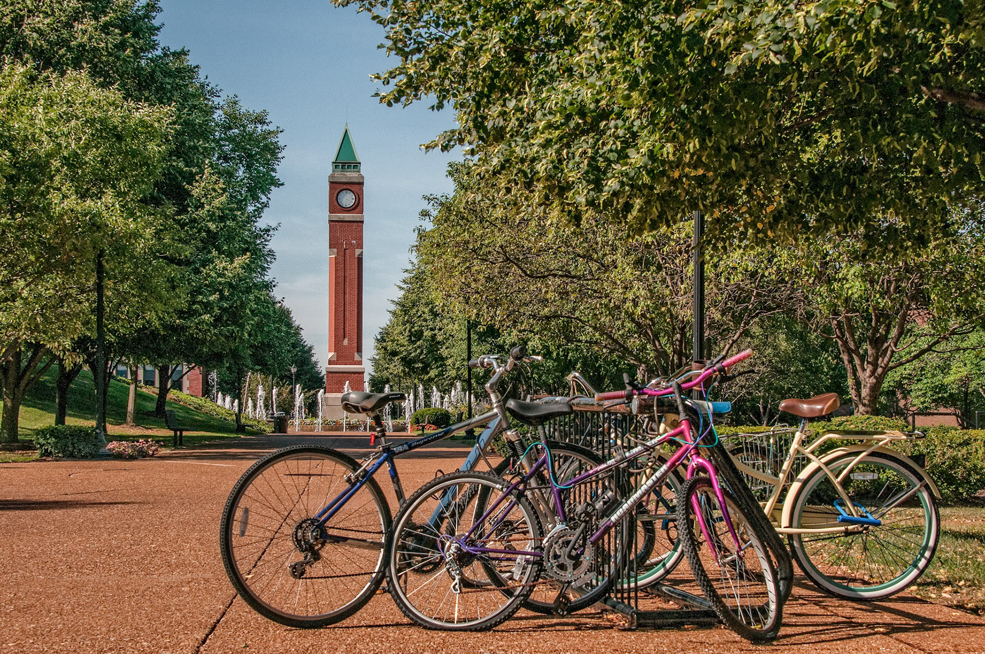 Biking to SLU; SLU Clock Tower in the distance