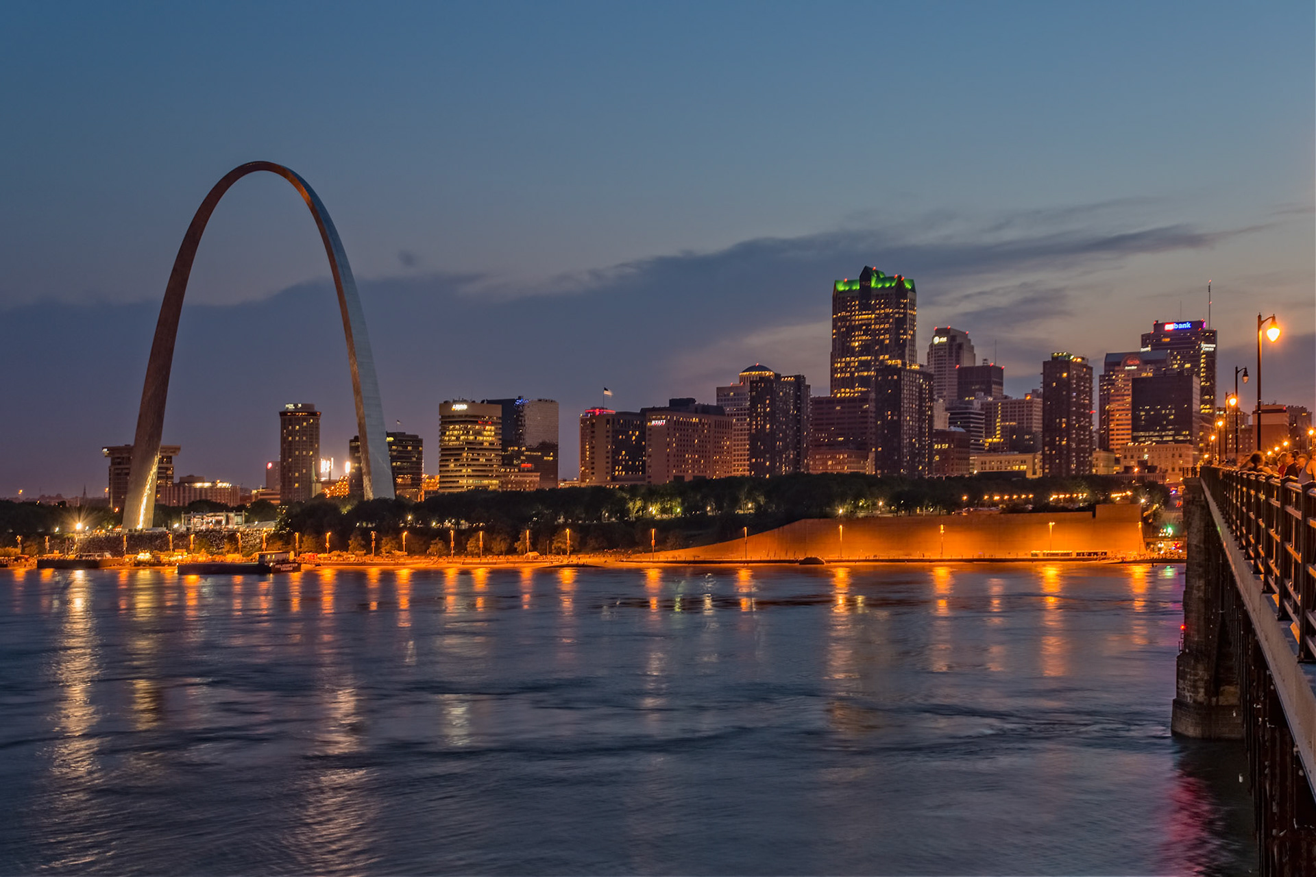 Evening Lights at the St. Louis Riverfront; view from the Eads Bridge