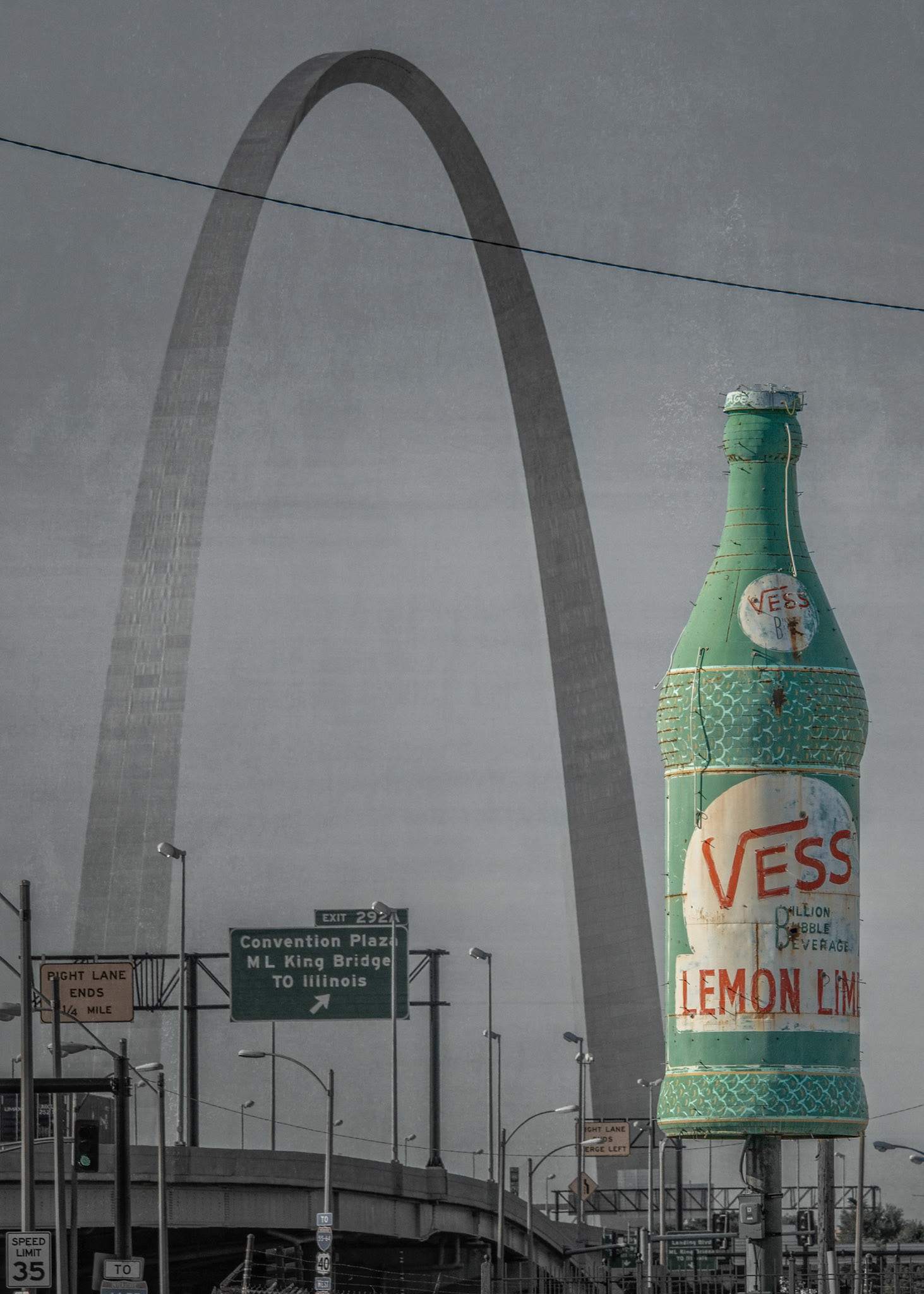 Columbus Square is an area just north of downtown St. Louis.  On the eastern edge, a vintage Vess soda bottle greets visitors to the city as they approach from the north on I-70.