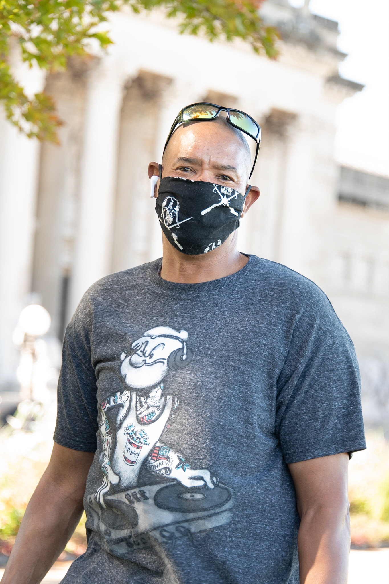 As usual, I asked how he feels about wearing face masks. He's good with it. Although he's on leave at the moment, he works at a local hospital and has seen it all. Prior to his leave, he worked in the COVID department at the hospital. He told me he felt safer there than out here walking around. People know how to protect themselves in the hospital. They know how to wear the masks appropriately (and when to wear the gloves and how to wash their hands). Out here, people are walking around without masks, or you see masks down below the nose. Too many aren't wearing the masks right. I appreciated that we were able to chat comfortably while wearing masks appropriately and keeping our distance. And, as always, the telephoto lens helps with those close-up photos! Thanks for the conversation!