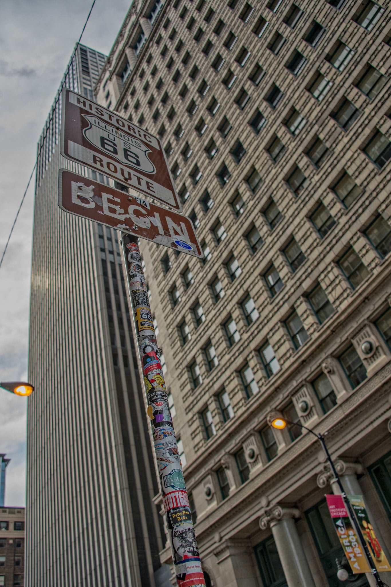 Historic Route 66 officially begins in Chicago, Illinois at Adams and Michigan Avenue.