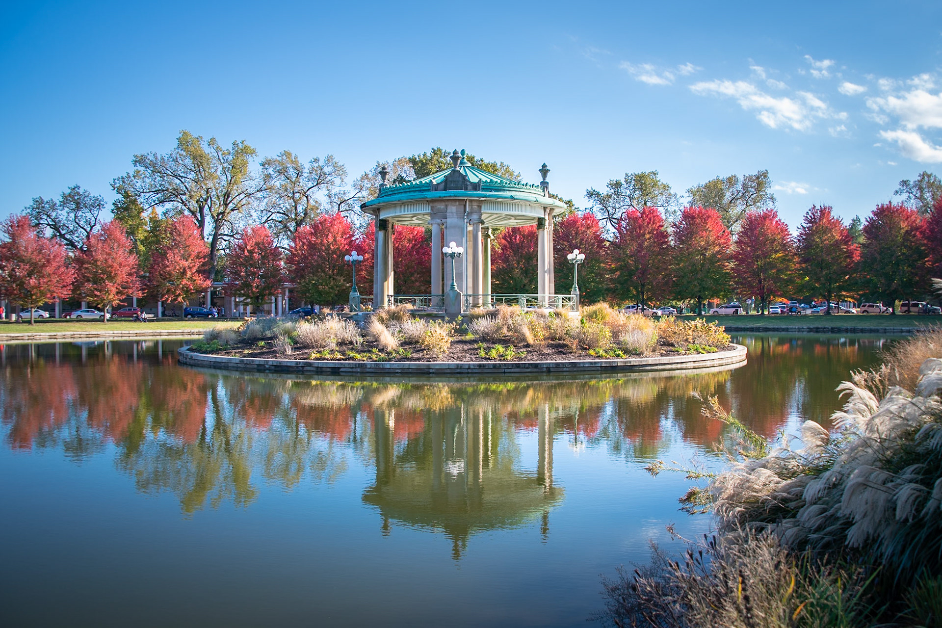 The Nathan Frank Bandstand (or music pagoda) sits outside The Muny Theater in Forest Park. The bandstand was closed in 1911 due to disrepair.. Then, in 1912, a storm damaged the pagoda beyond repair. It was torn down later that year. In 1925, Nathan Frank donated a new bandstand to Forest Park, restoring Pagoda Circle according to Forest Park's master plan. It stands today and has become an iconic attraction in front of The Muny.