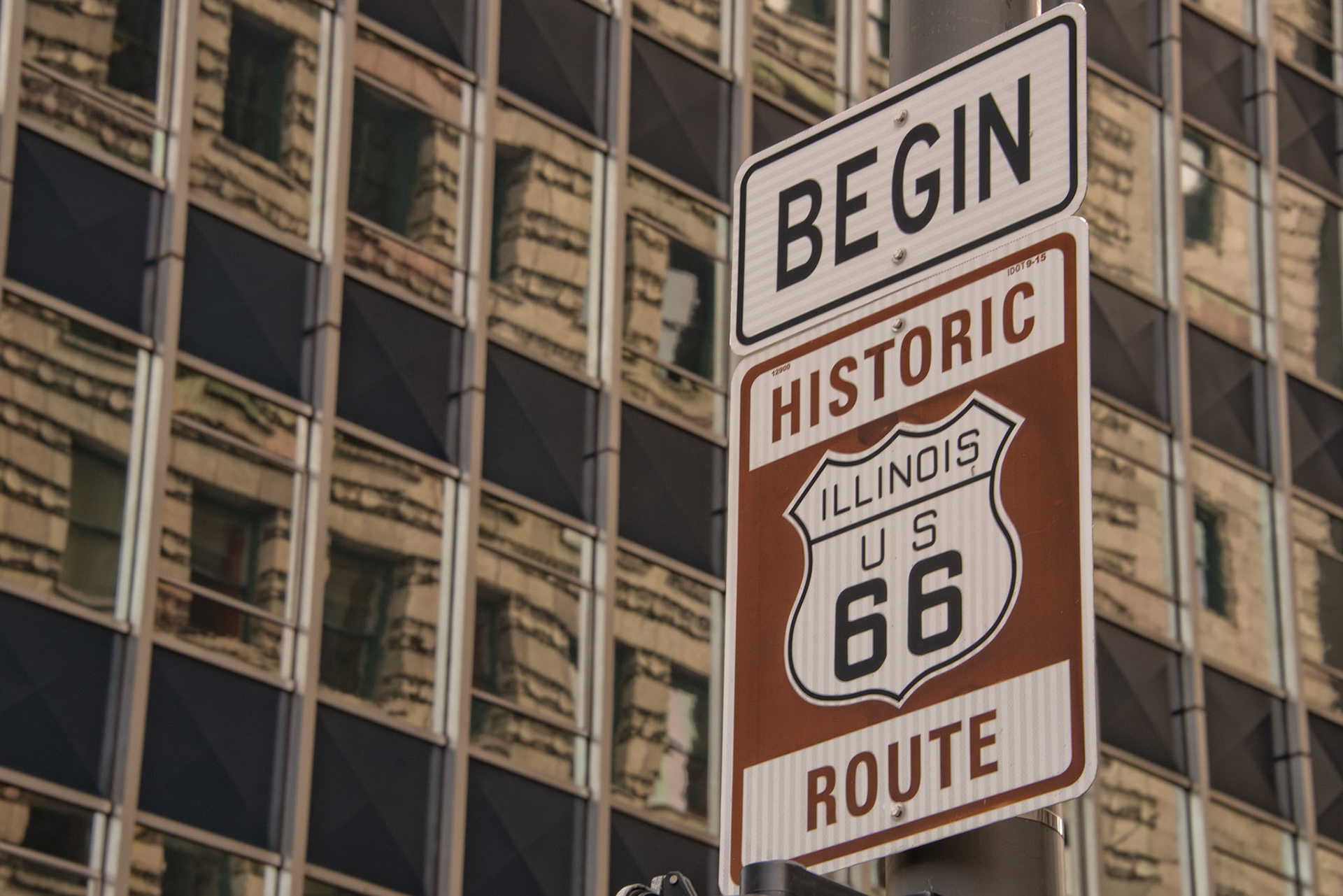 Historic Route 66 officially begins in Chicago, Illinois at Adams and Michigan Avenue.