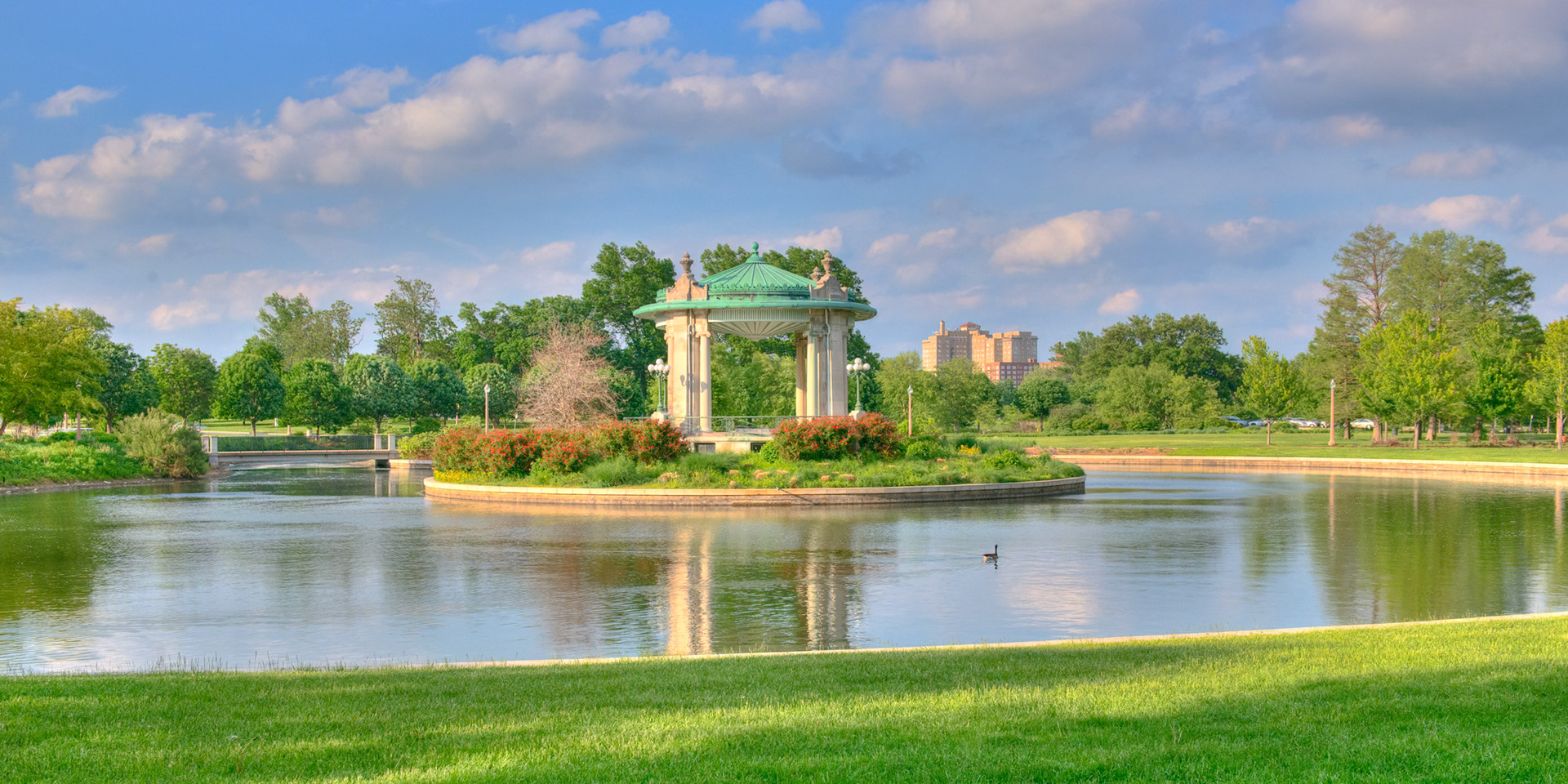 The Nathan Frank Bandstand (or music pagoda) sits outside The Muny Theater in Forest Park. The bandstand was closed in 1911 due to disrepair.. Then, in 1912, a storm damaged the pagoda beyond repair. It was torn down later that year. In 1925, Nathan Frank donated a new bandstand to Forest Park, restoring Pagoda Circle according to Forest Park's master plan. It stands today and has become an iconic attraction in front of The Muny.