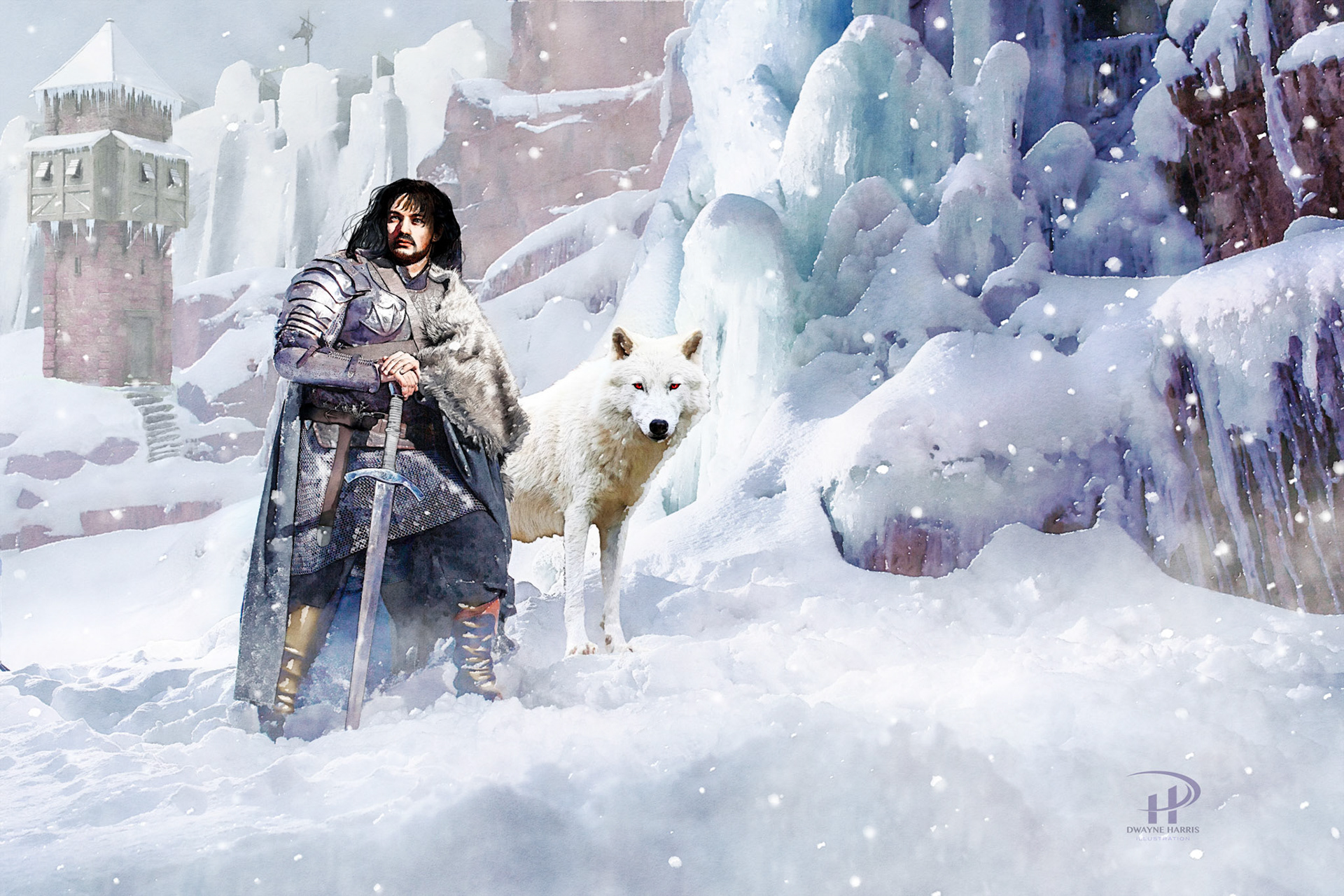 Medieval knight with sword in armor in winter landscape