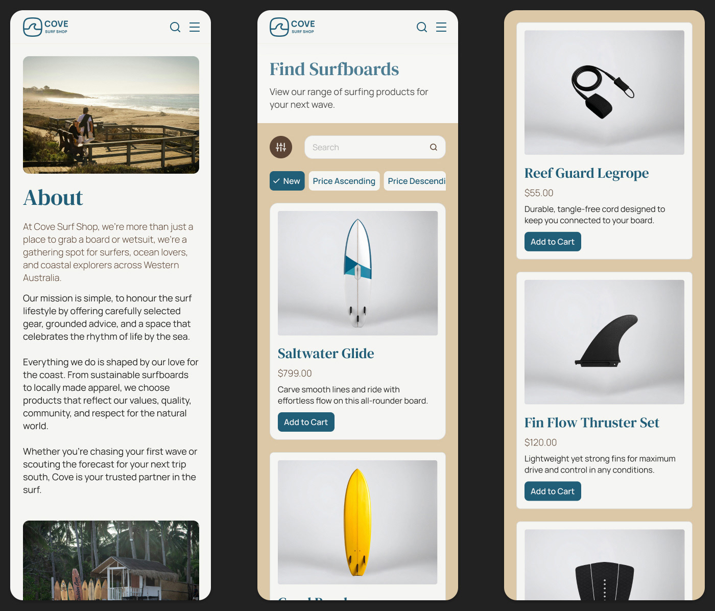 Mobile Screens of Surf Cove Shop