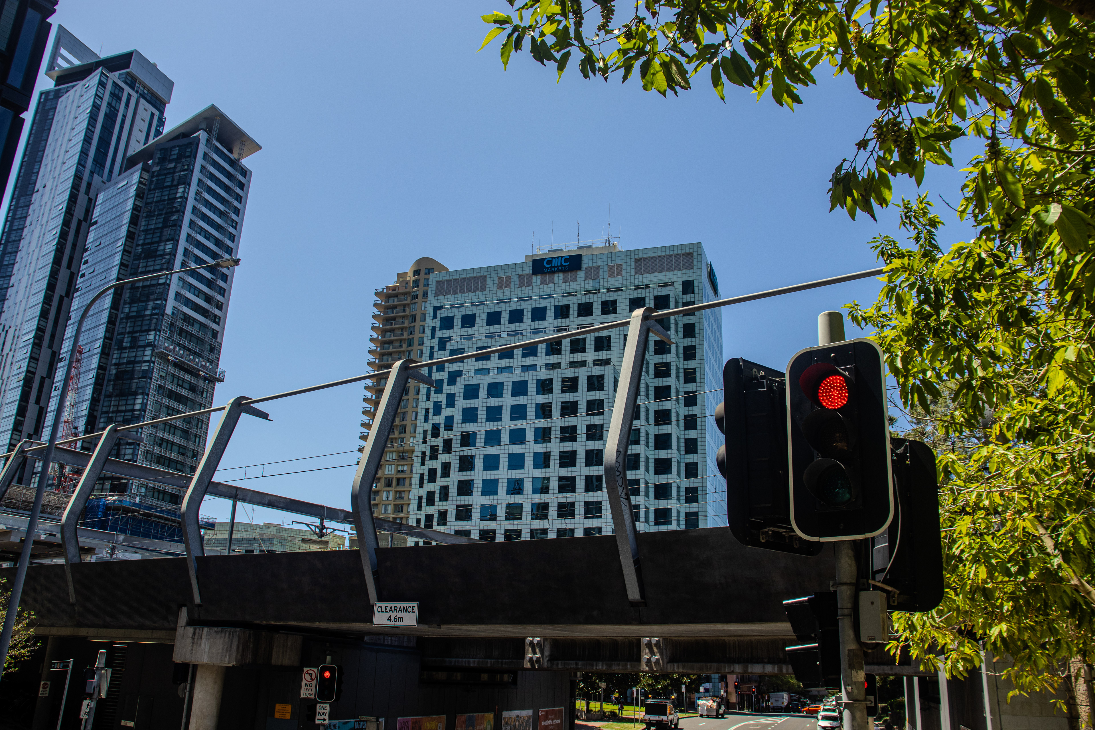 Skyscrapers with a traffic light