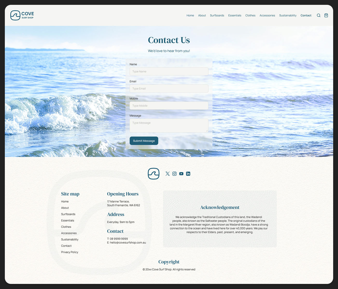Contact Page of Surf Cove Shop