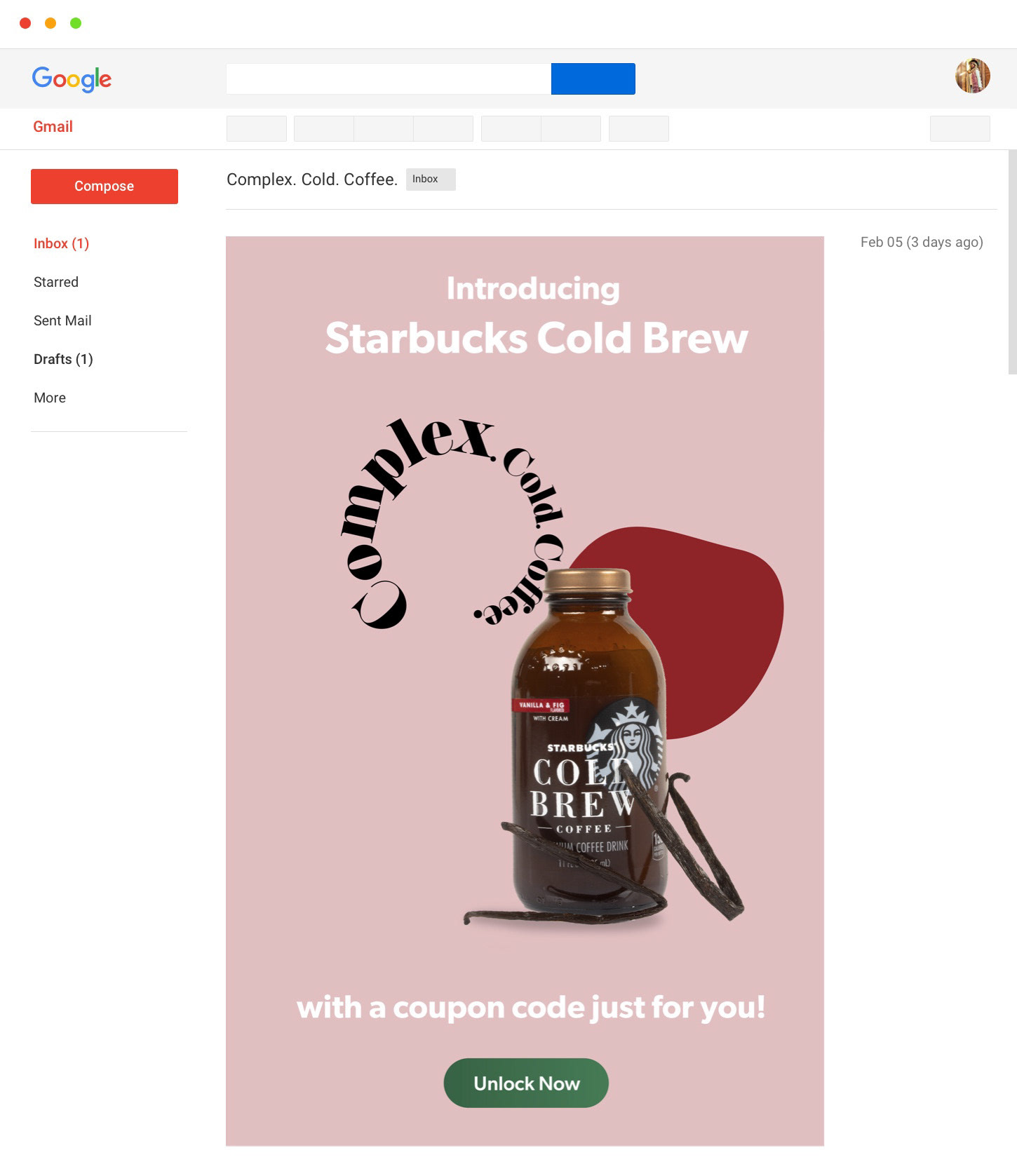 E-mail newsletter ad for Vanilla & Fig Cold Brew