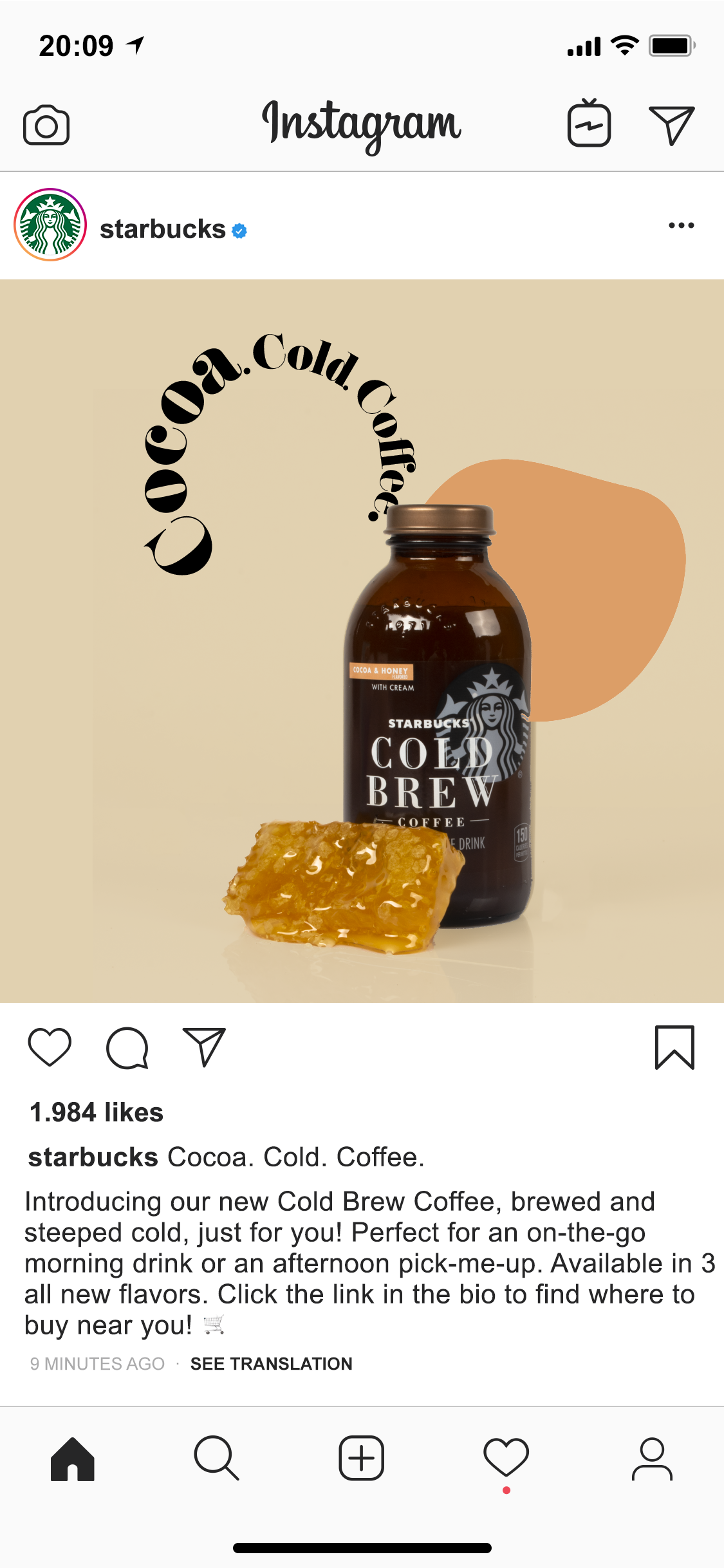 Instagram ad for Cocoa & Honey Cold Brew