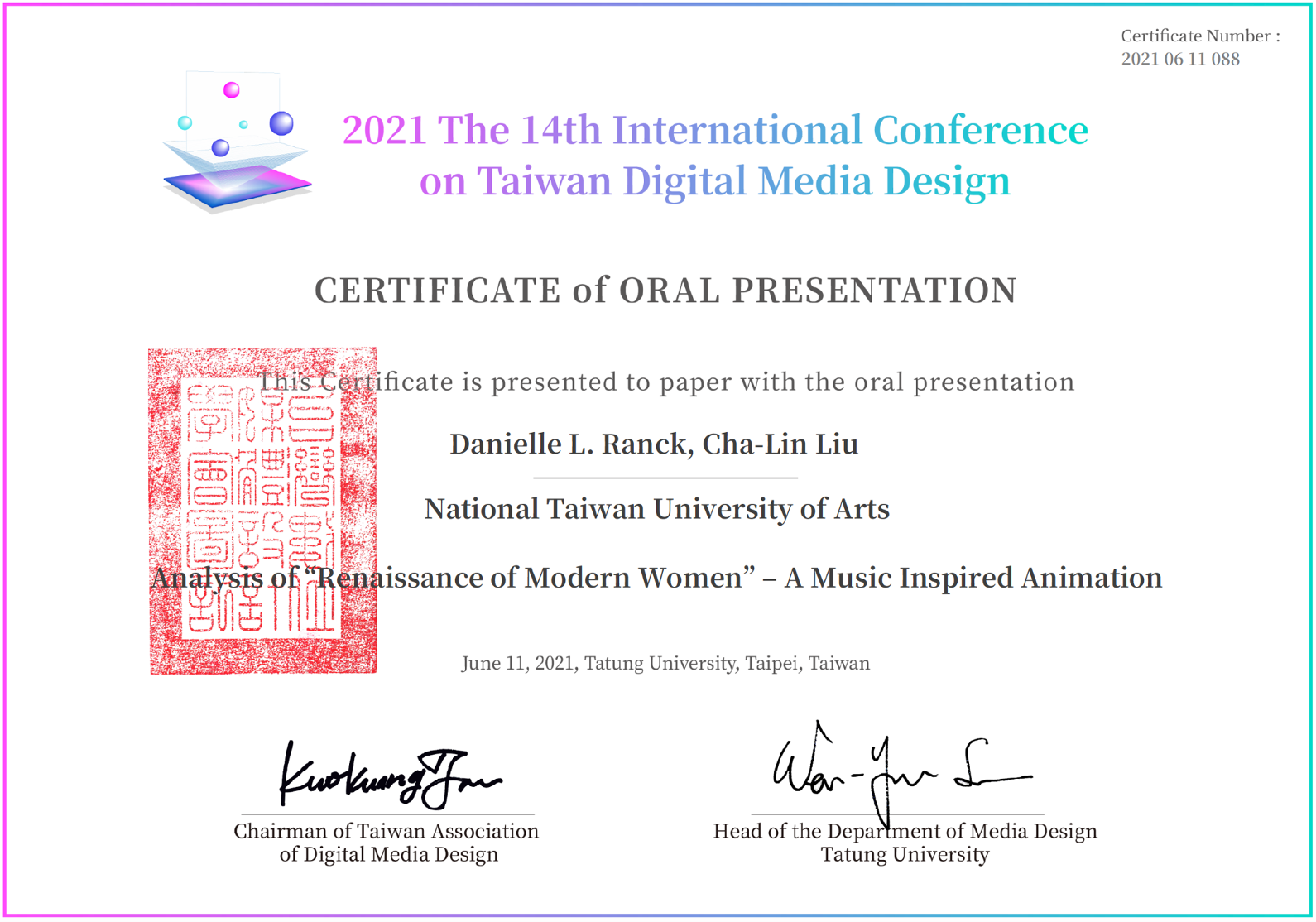 Certificate of Presentation at the ICTDMD Awards