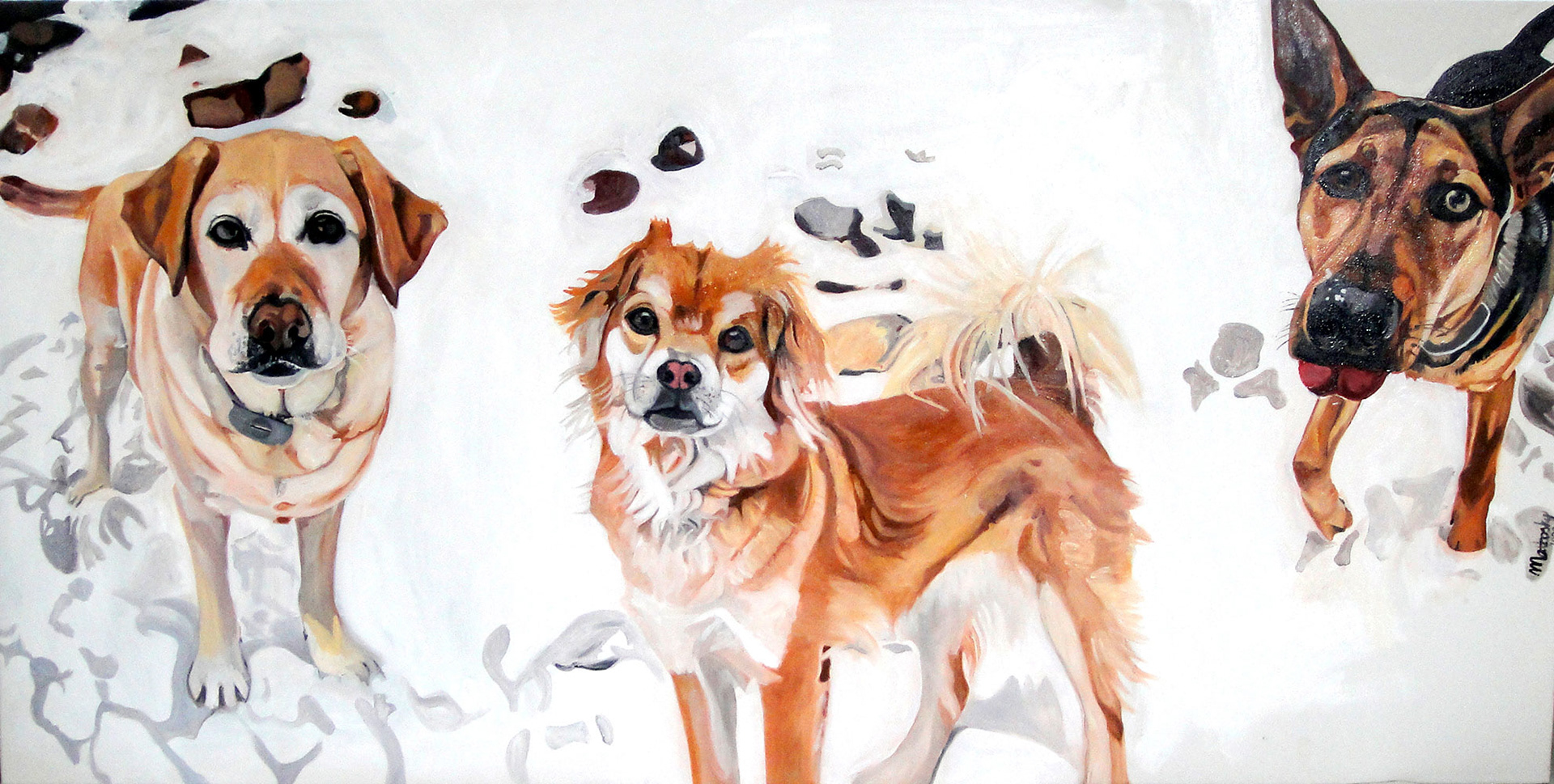 Chloe, Bunny, and Clipper, Oil, 22x48x2"