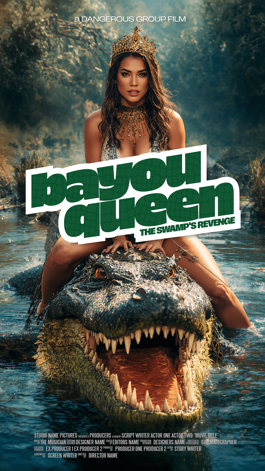 A movie poster with a vertical orientation. The central image is a woman wearing a crown and a gold-and-white bikini, sitting astride a large alligator in a murky swamp. The alligator's mouth is open, showing a full set of sharp teeth. The movie title, "BAYOU QUEEN," is written in large, textured letters across the middle of the poster, partially obscuring the woman's legs and the alligator's head. Below the main title, the subtitle "THE SWAMP'S REVENGE" is in smaller text. A standard movie credit block is visible at the very bottom of the poster. The overall color palette is dominated by swampy greens, browns, and blues.
