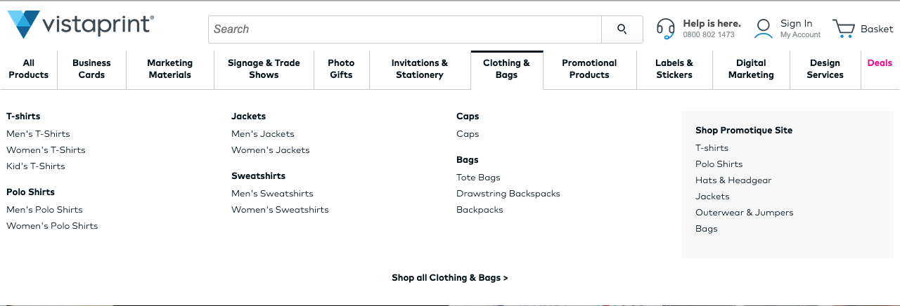 Menu bar for Vistaprint - Clothing and Bags