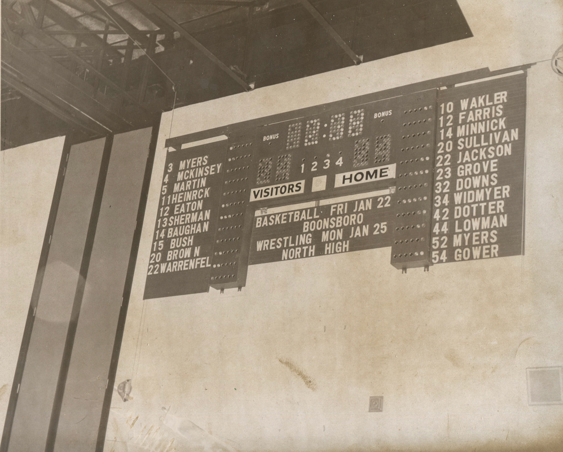 Scoreboard at Williamsport High School, 1970.