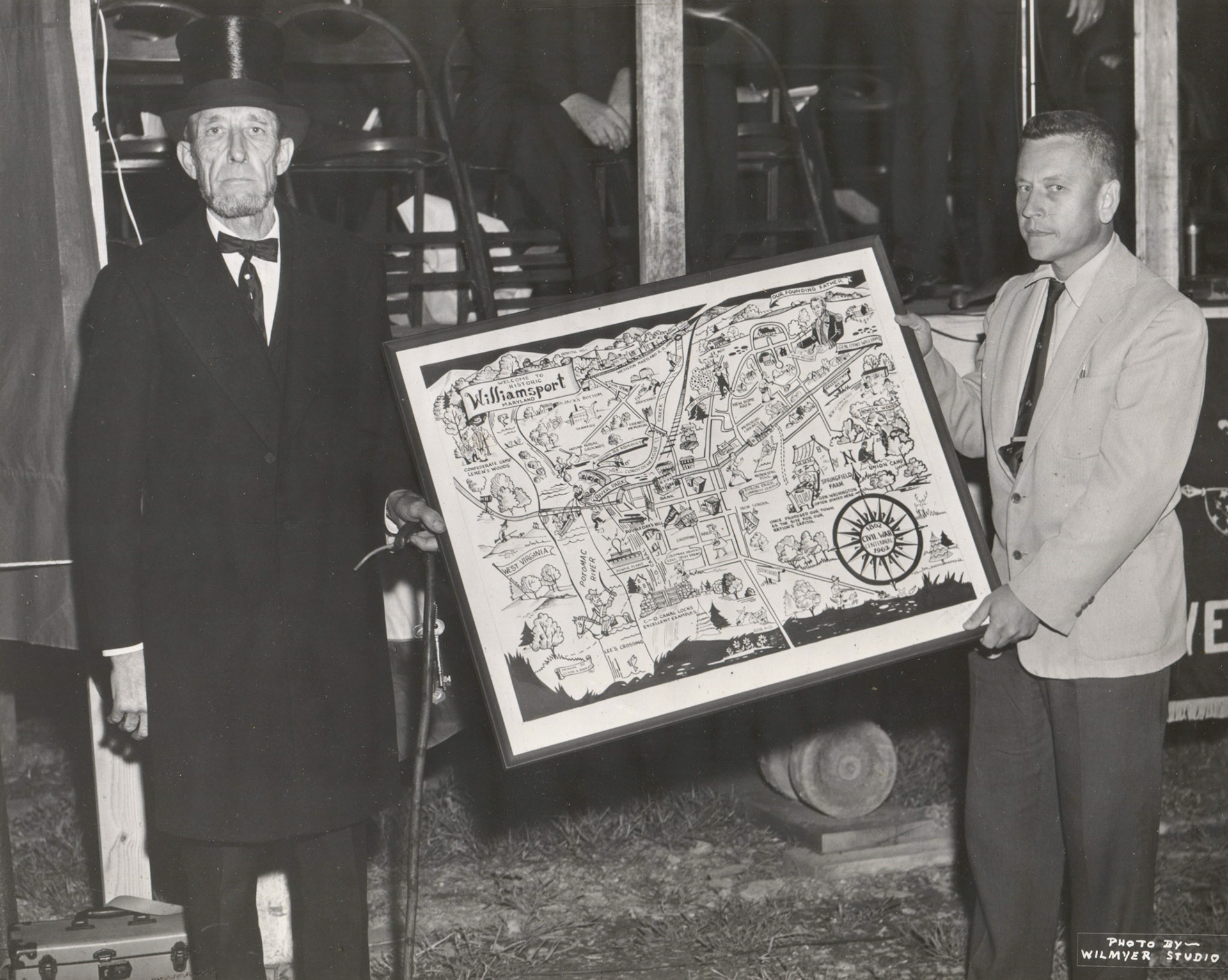 Paul Rankin Shank (1908-1987) and Clyde Roberts (right) artist of the town centennial map